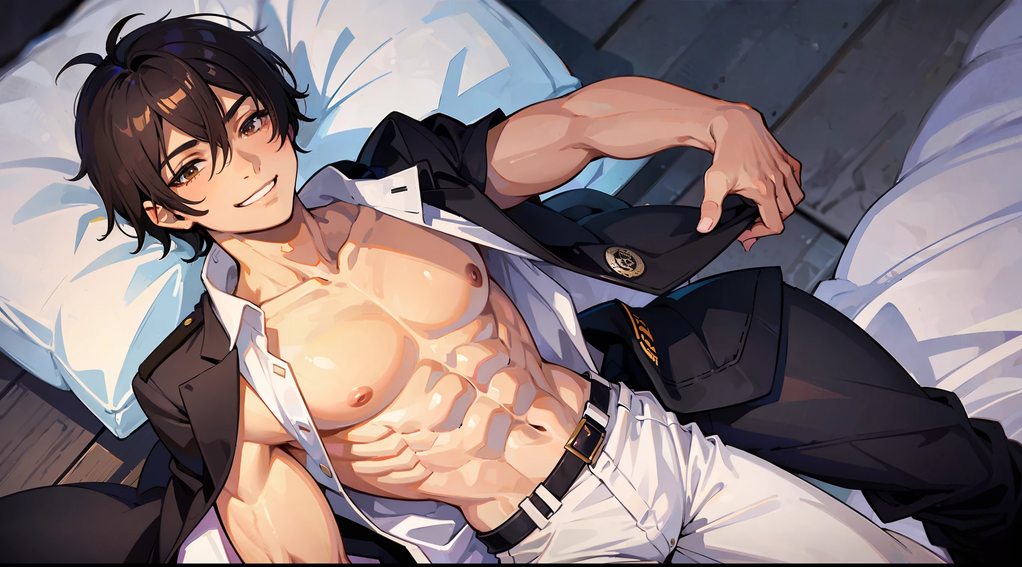 1boy, male, adult, muscular, very short black hair, brown eyes, tanned skin, police uniform, open shirt, open chest, unbuttoned pants, one hand shows biceps, satisfied grin, sexy, lying on bed