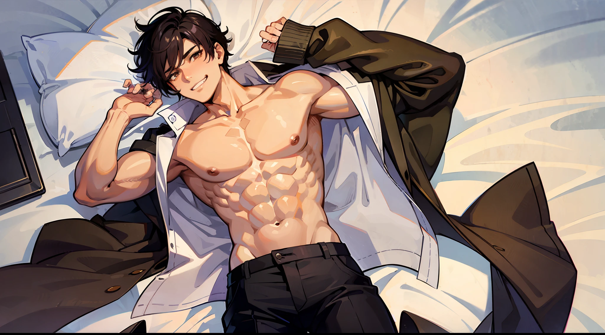 1boy, male, adult, muscular, very short black hair, brown eyes, tanned skin, police uniform, open shirt, open chest, unbuttoned pants, one hand shows biceps, satisfied grin, sexy, lying on bed