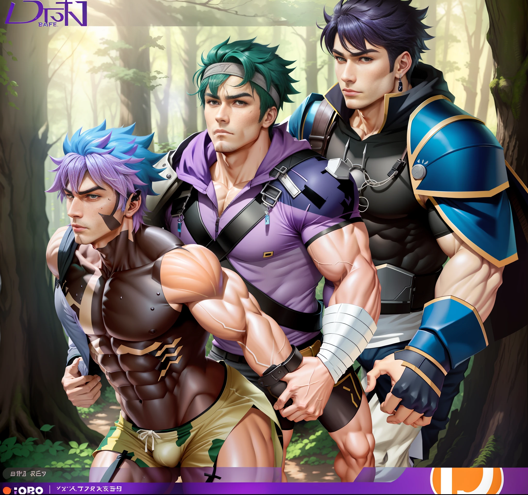 Anime characters in forest with purple background, bara, doujin art, official doujin art, game art!!, adventure party, high quality doujin art, gay, fantasy style anime, sporty, pretty perfect face, cut short hairstyle, (furry body), (sweaty), tired, (masterpiece), best quality, highest detail, superior quality, natural lighting, beautiful, sexy, correct anatomy, good composition, masculine shape, masculine, rough, bulge, huge bulge