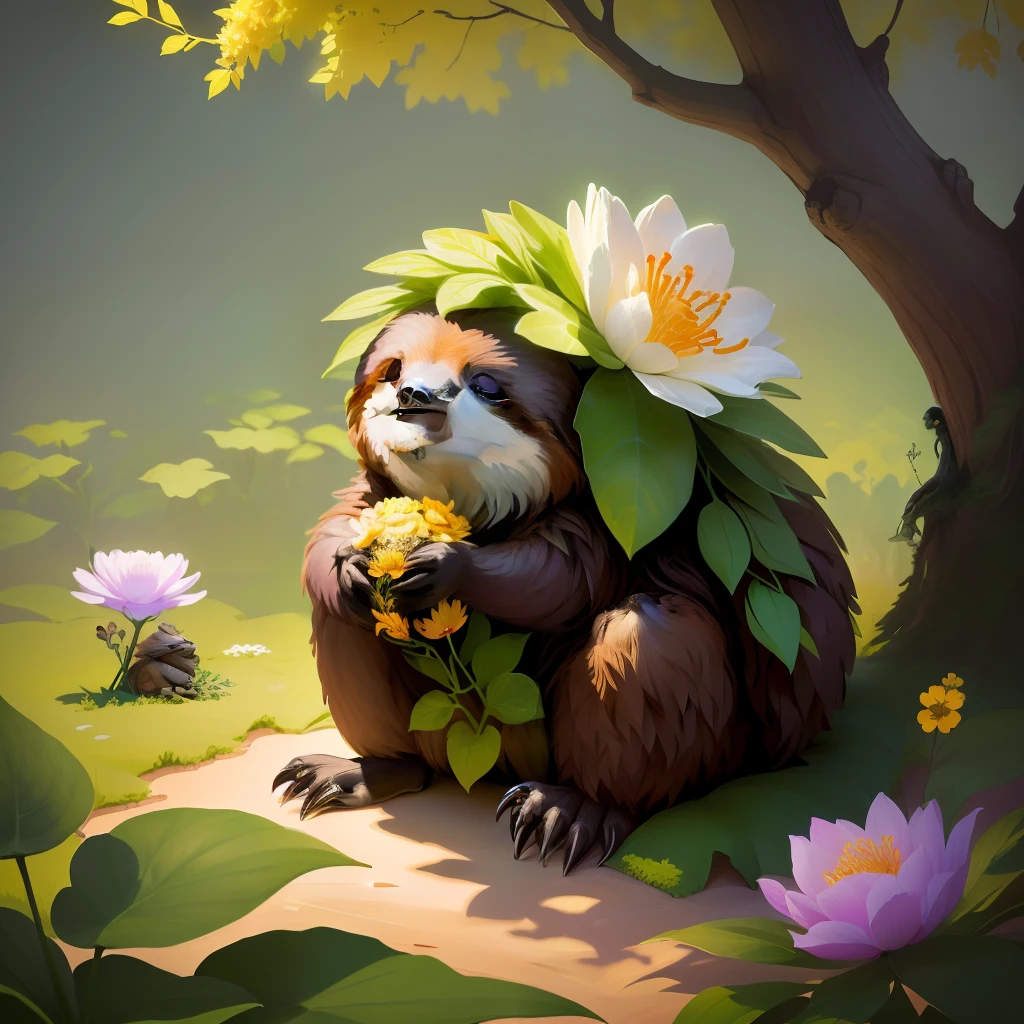 (best quality: 1.3), (masterpiece: 1.3), (illustration: 1.3), (super detail: 1.3), (imid picture: 0.9), Sloth sleeping on an anthill and holding a branch in his hand surrounded by flowers and ants, super detailed color low-poly graphics, mobile art games, glowing lights! stylized 3D rendering, cute forest creature