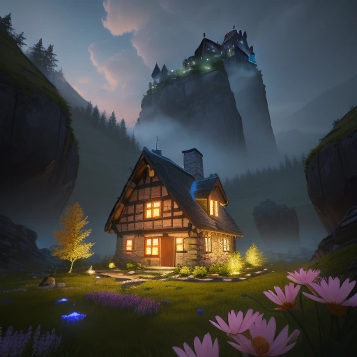 Small house in a valley with two big mashroom on the left and on the right of the house. The roof is covered with moss and some flowers, The house also have a stone chimney where smoke comes out. In the background are more houses. Inside of the house are colourful lights. Epic butterflies and golden partical in the air. Stone piles standing around, 16k, Ultra realistic