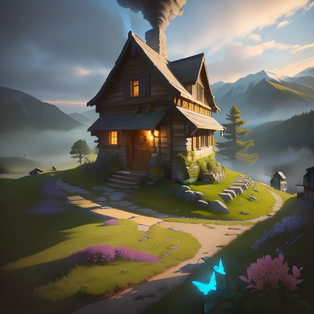 Small house in a valley with two big mashroom on the left and on the right of the house. The roof is covered with moss and some flowers, The house also have a stone chimney where smoke comes out. In the background are more houses. Inside of the house are colourful lights. Epic butterflies and golden partical in the air. Stone piles standing around, 16k, Ultra realistic