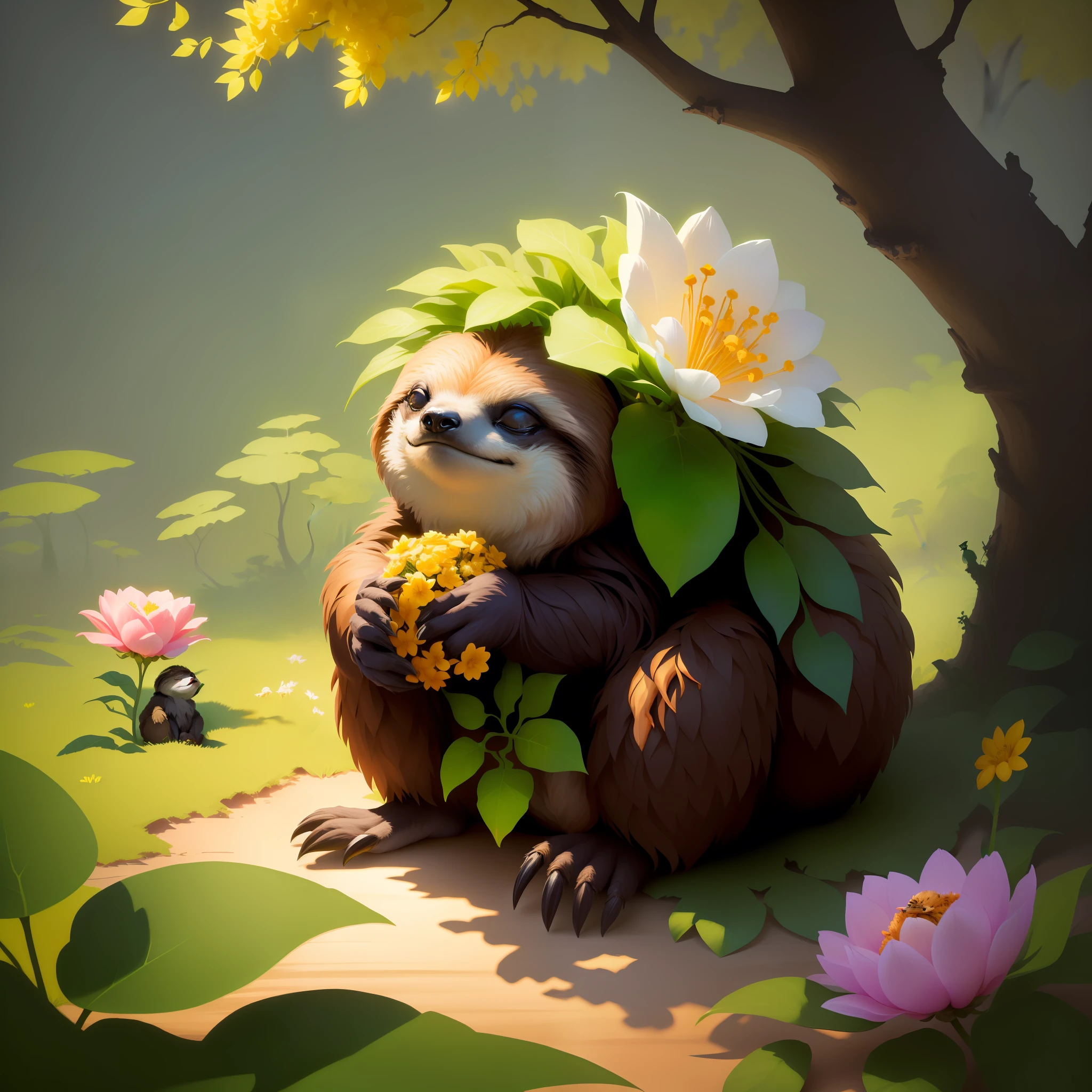 (best quality: 1.3), (masterpiece: 1.3), (illustration: 1.3), (super detail: 1.3), (imid picture: 0.9), Sloth sleeping on an anthill and holding a branch in his hand surrounded by flowers and ants, super detailed color low-poly graphics, mobile art games, glowing lights! stylized 3D rendering, cute forest creature