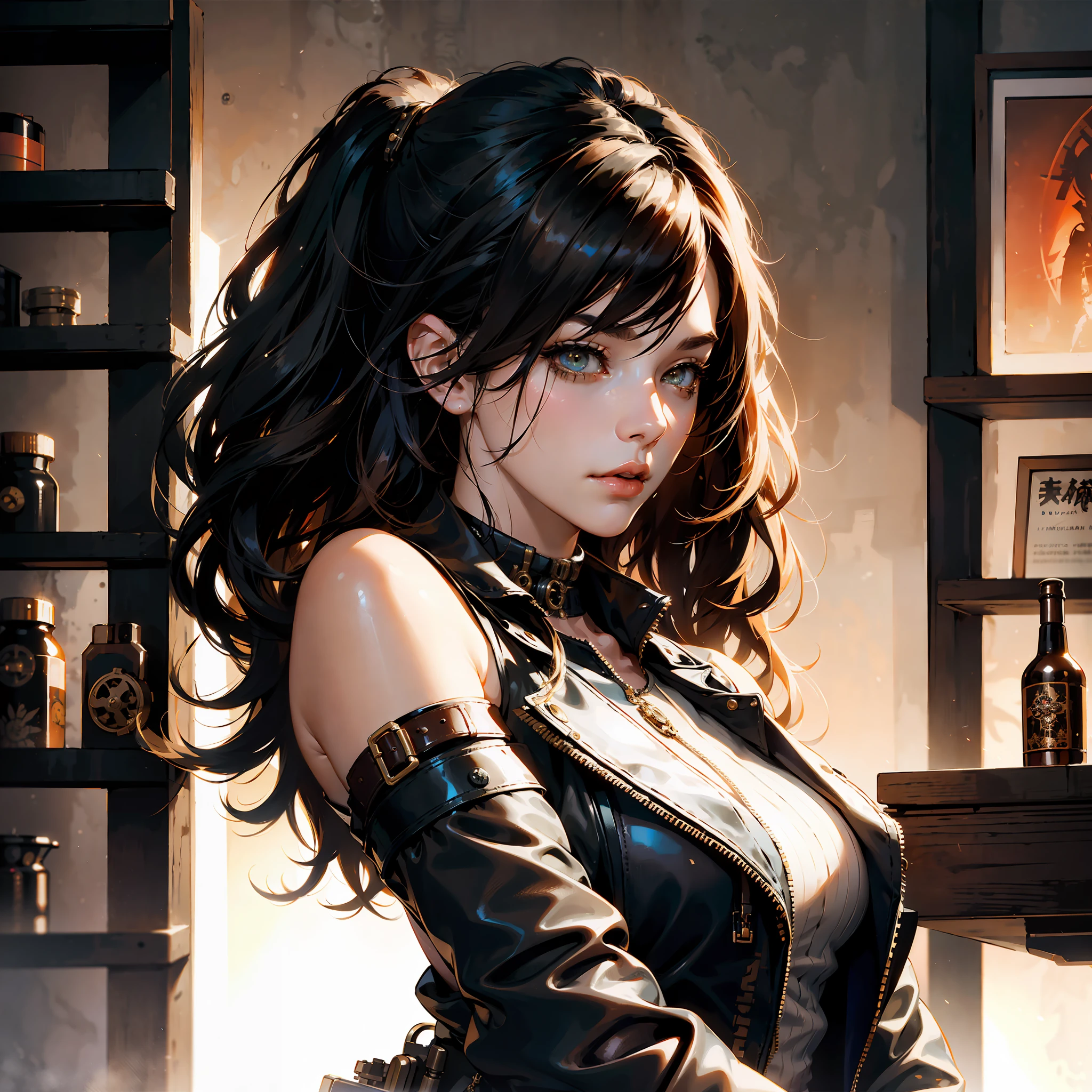 here is a woman in a leather jacket standing in a room, steampunk beautiful anime woman, portrait of lady mechanika, like lady mechanika, by Yang J, female cyberpunk anime girl, stunning character art, cyberpunk anime girl mech, high quality steampunk art, cyberpunk anime girl, steampunk fantasy style, steampunk concept art, wojtek fus