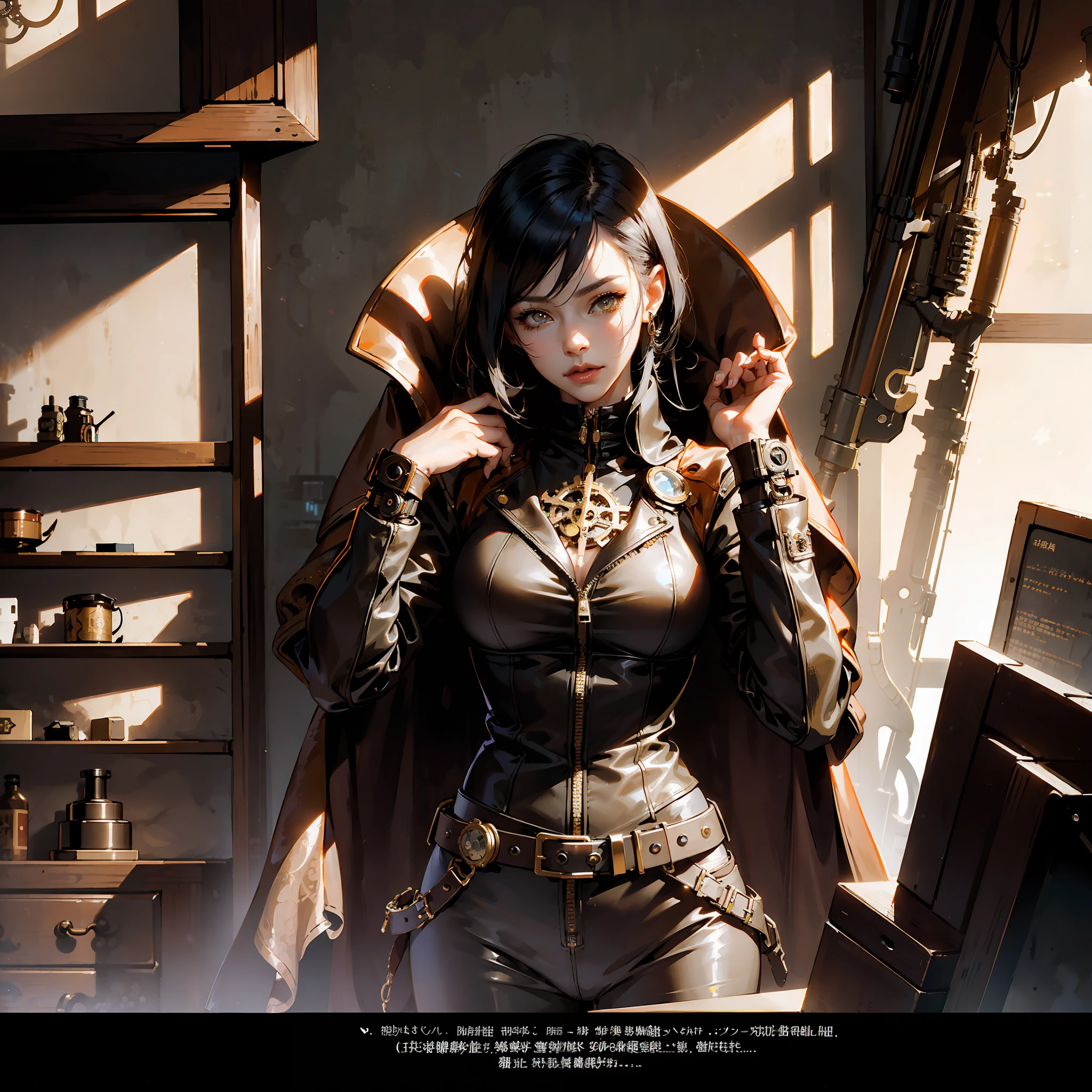 here is a woman in a leather jacket standing in a room, steampunk beautiful anime woman, portrait of lady mechanika, like lady mechanika, by Yang J, female cyberpunk anime girl, stunning character art, cyberpunk anime girl mech, high quality steampunk art, cyberpunk anime girl, steampunk fantasy style, steampunk concept art, wojtek fus