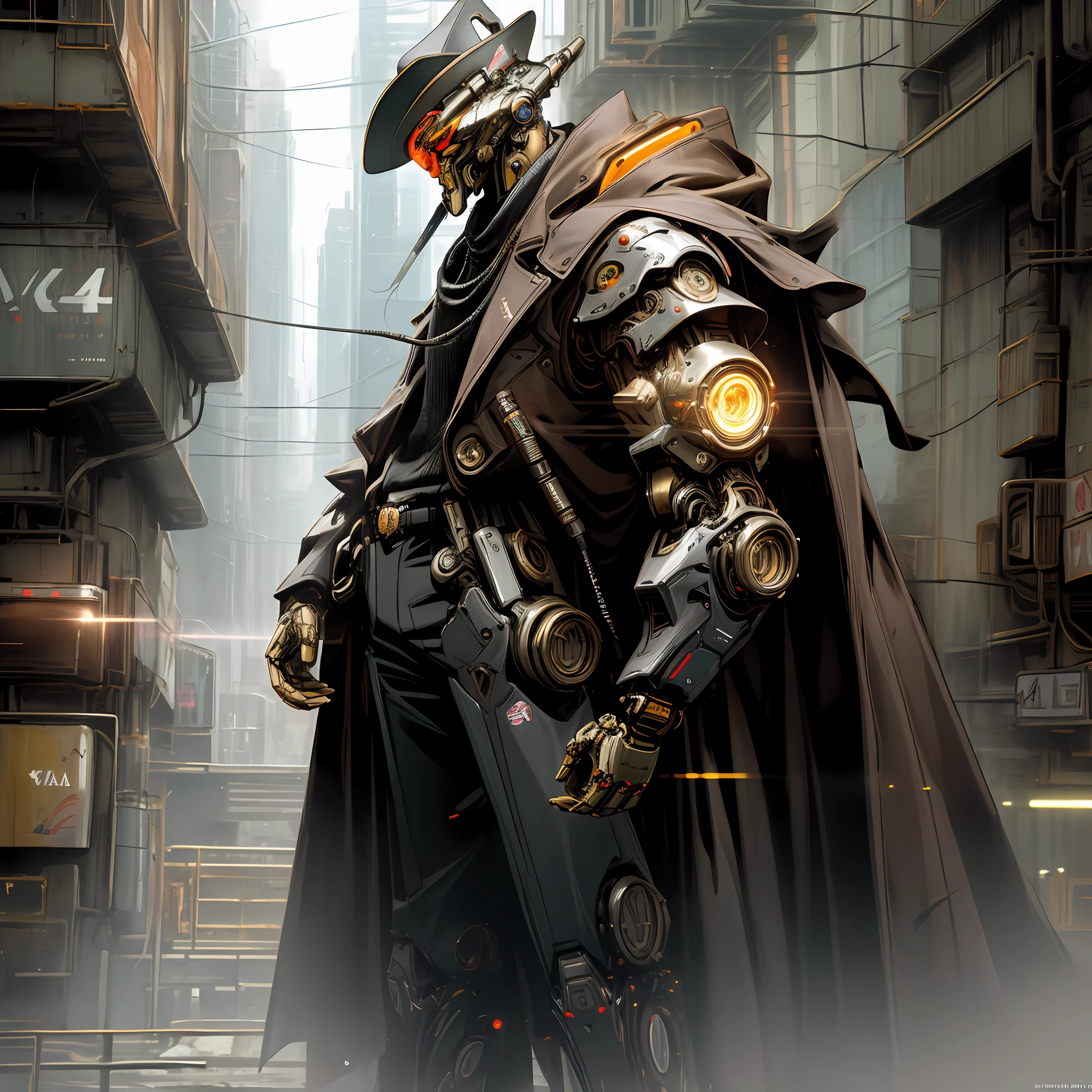 Dark_Fantasy,Cyberpunk, (Best quality, Masterpiece),old machine,1man,Mechanical marvel,Robotic presence,Cybernetic guardian,wearing a cybernetic cowboy trenchcoat, wearing a mechanical cowboy hat,facing forward, dynamic lighting, dynamic camera angle,city, highest quality digital art, Stunning art, wallpaper 4k, highly detailed,full body,holding a revolver