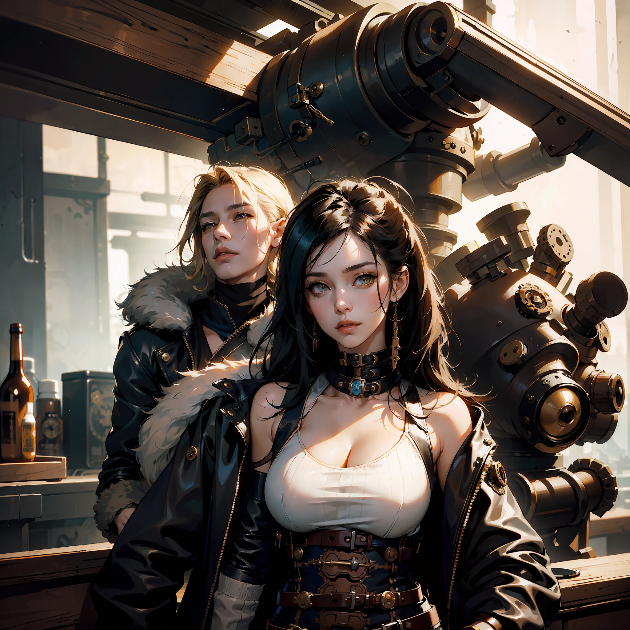 here is a woman in a leather jacket standing in a room, steampunk beautiful anime woman, portrait of lady mechanika, like lady mechanika, by Yang J, female cyberpunk anime girl, stunning character art, cyberpunk anime girl mech, high quality steampunk art, cyberpunk anime girl, steampunk fantasy style, steampunk concept art, wojtek fus