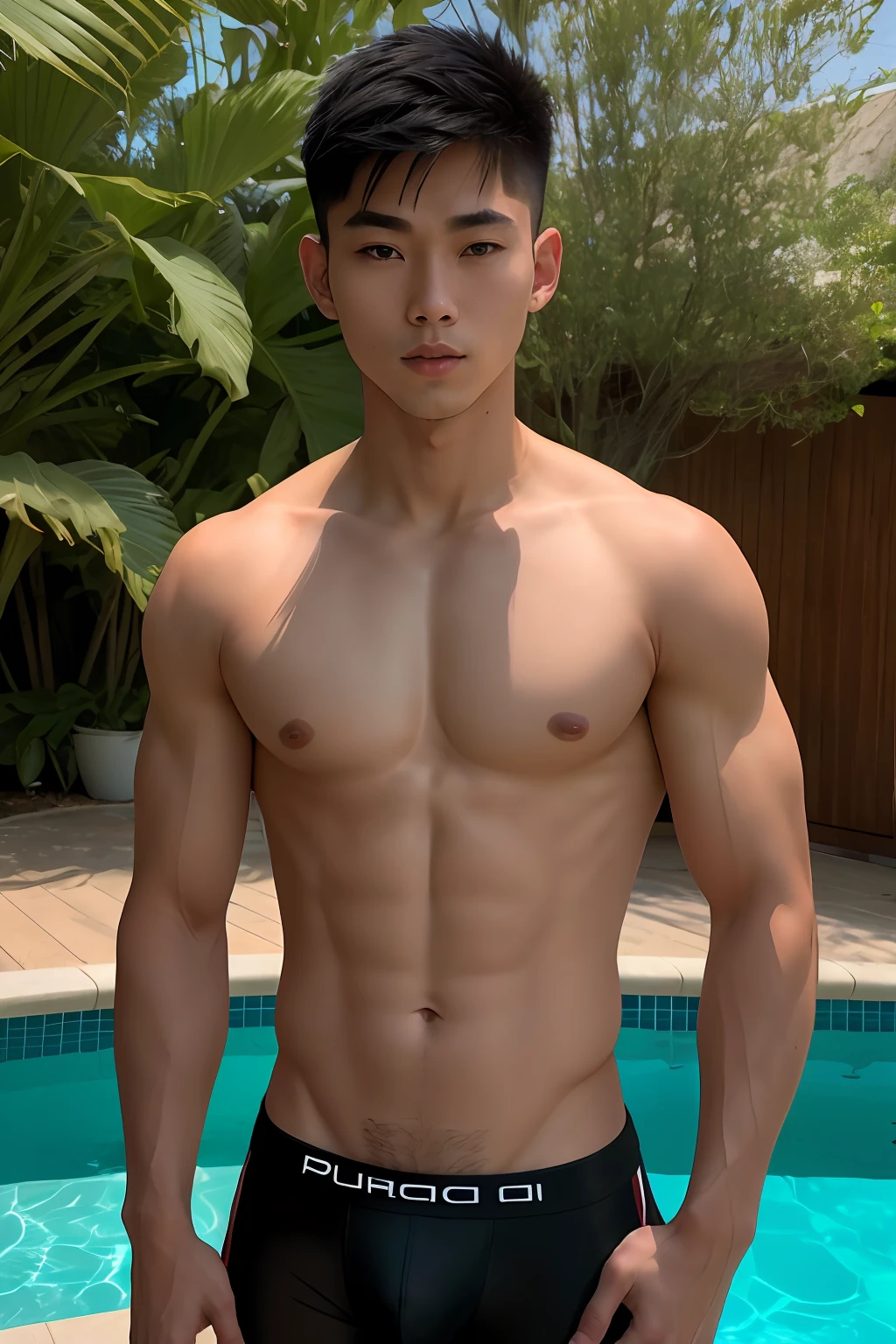 RAW photo, Full body, one 18-years old boy, asian, handsome, Highly detailed face and skin texture, prince eyes, black eyes, beautiful eyes, symmetric eyes, realistic, realisticm, Extremely detailed eyes, (eye contact), buzz cut hairstyle, detailed black hair, shirtless, wearing a very bulged white hip brief, (Huge, Pubic hair, very gentle, masculine, sexy boy, sexually attractive, human skin, pectoral muscles, oblong face shape, human hair, high detail face, 1boy, solo, looking at viewer, standing, Alluring pose, Pool, outdoors, wide angle lens, (tall thin skin: 1.2), 8k uhd , SLR, soft light, bright+0.2ev, high quality, film grain: 1.2), 8k uhd, 30mm focal length, 30mm focal length