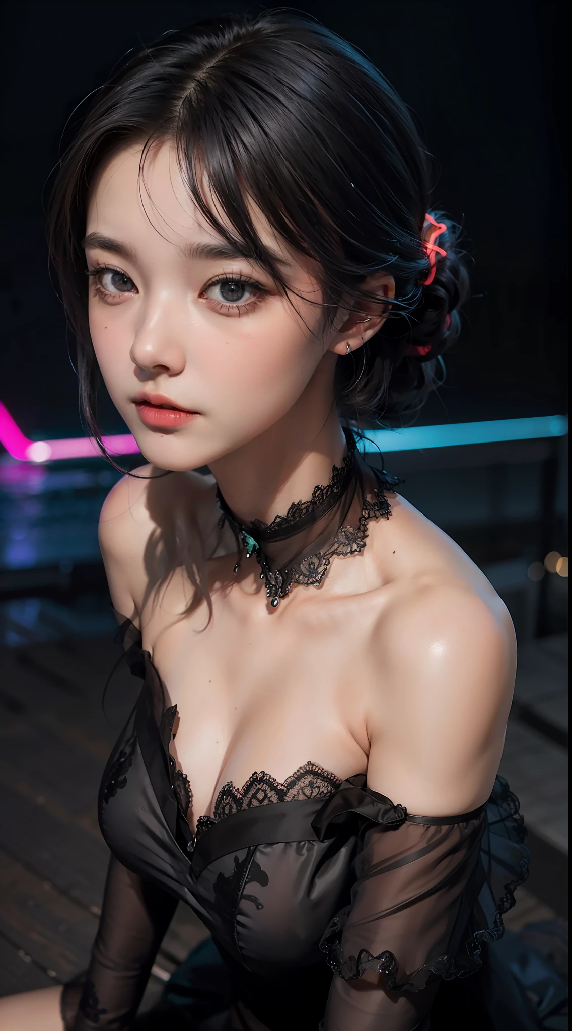 close up, (neon, night view, dutch angle, from above, strapless:1.3), masterpiece, best quality, raw photo, photorealistic, off shoulder, black lace dress, black choker, black eyes, updo, upper body, cleavage, facelight, shiny skin, film grain, chromatic aberration, absurdres, highres, ultra detailed, finely detail, detailed eyes and face, sharp pupils, realistic pupils, sharp focus