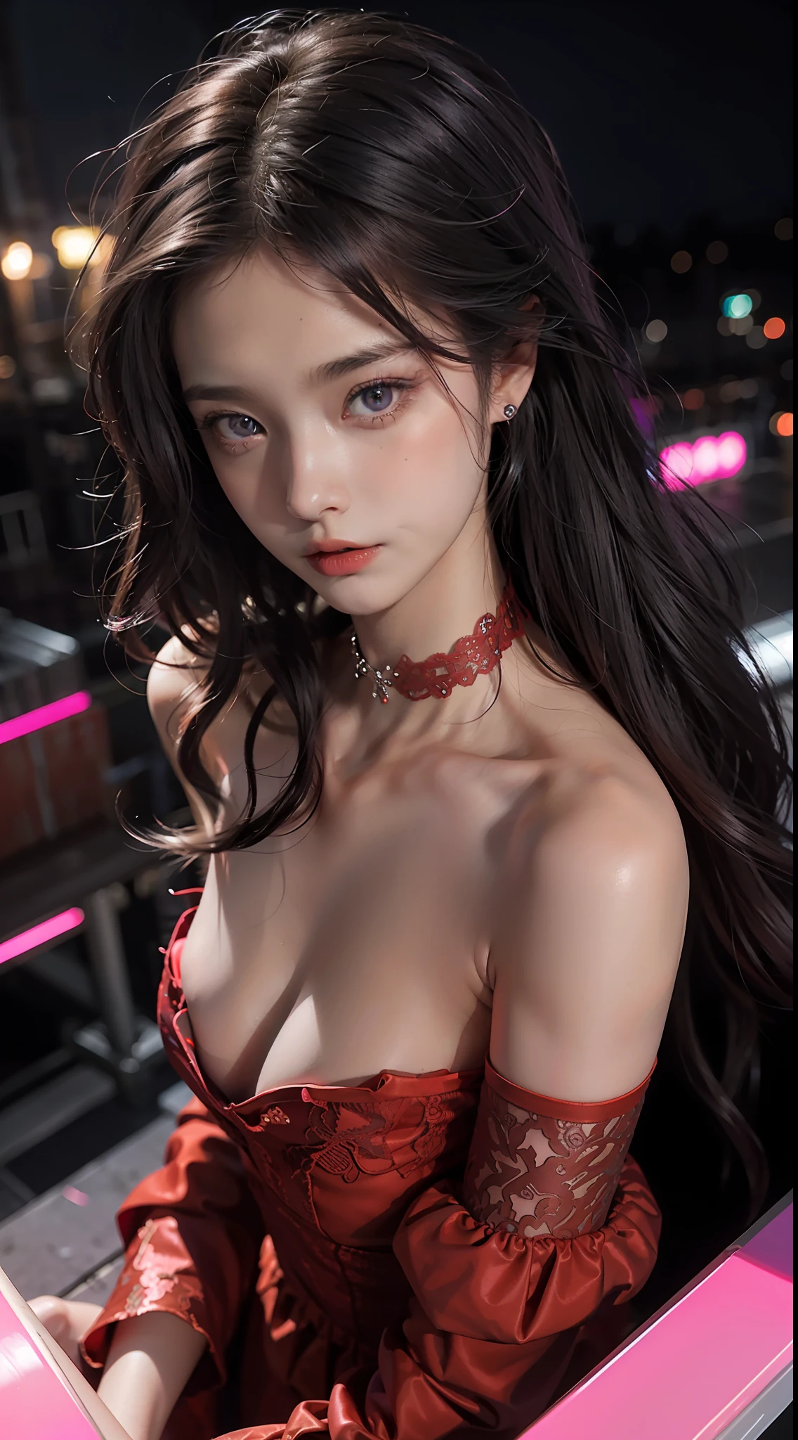 close up, (neon, night view, dutch angle, from above, strapless:1.3), masterpiece, best quality, raw photo, photorealistic, off shoulder, red lace dress, red choker, reddish purple eyes, updo, upper body, cleavage, facelight, shiny skin, film grain, chromatic aberration, absurdres, highres, ultra detailed, finely detail, detailed eyes and face, sharp pupils, realistic pupils, sharp focus
