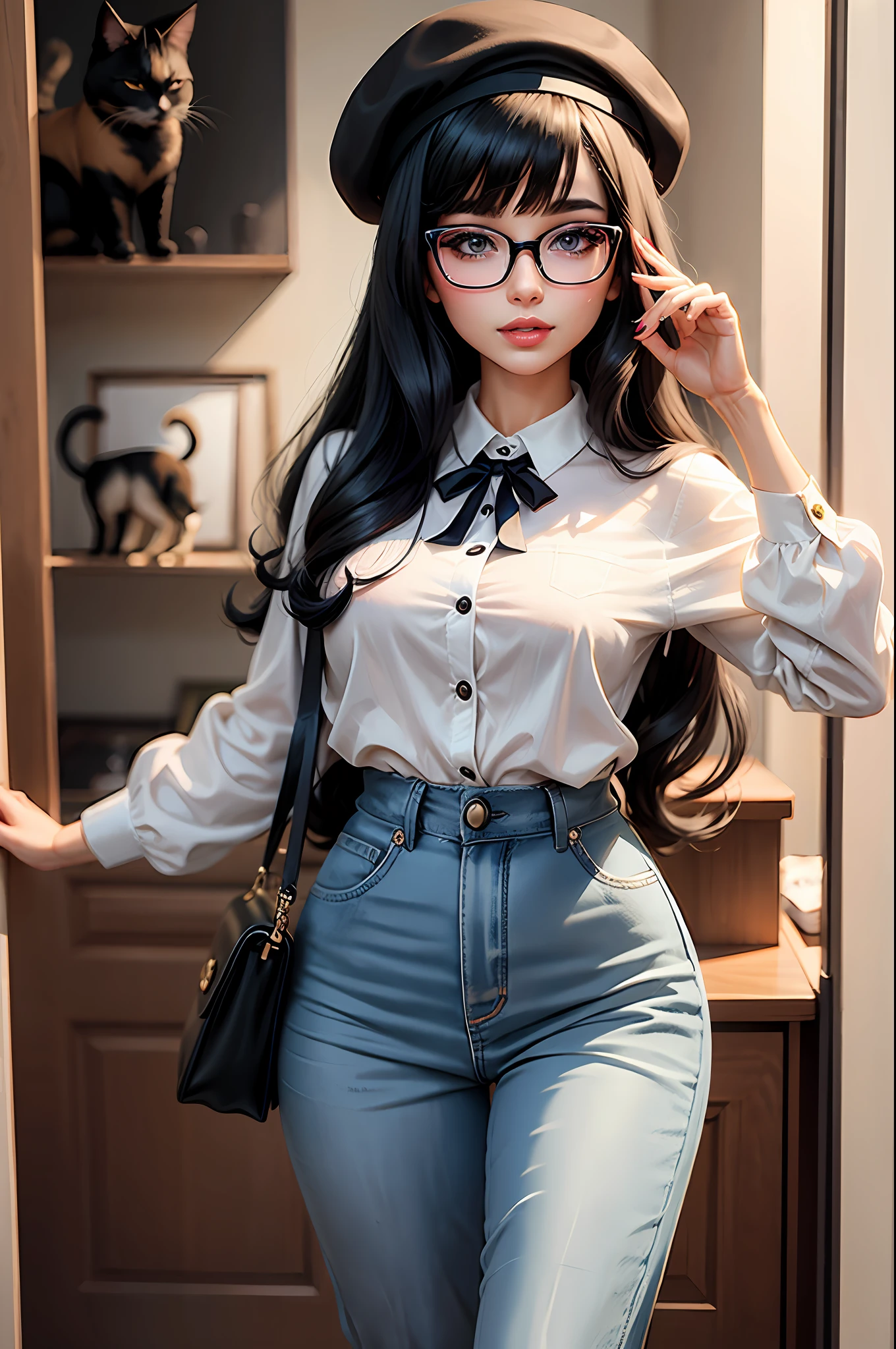 Barbie's cat painting canvas with beret and black hair with glasses