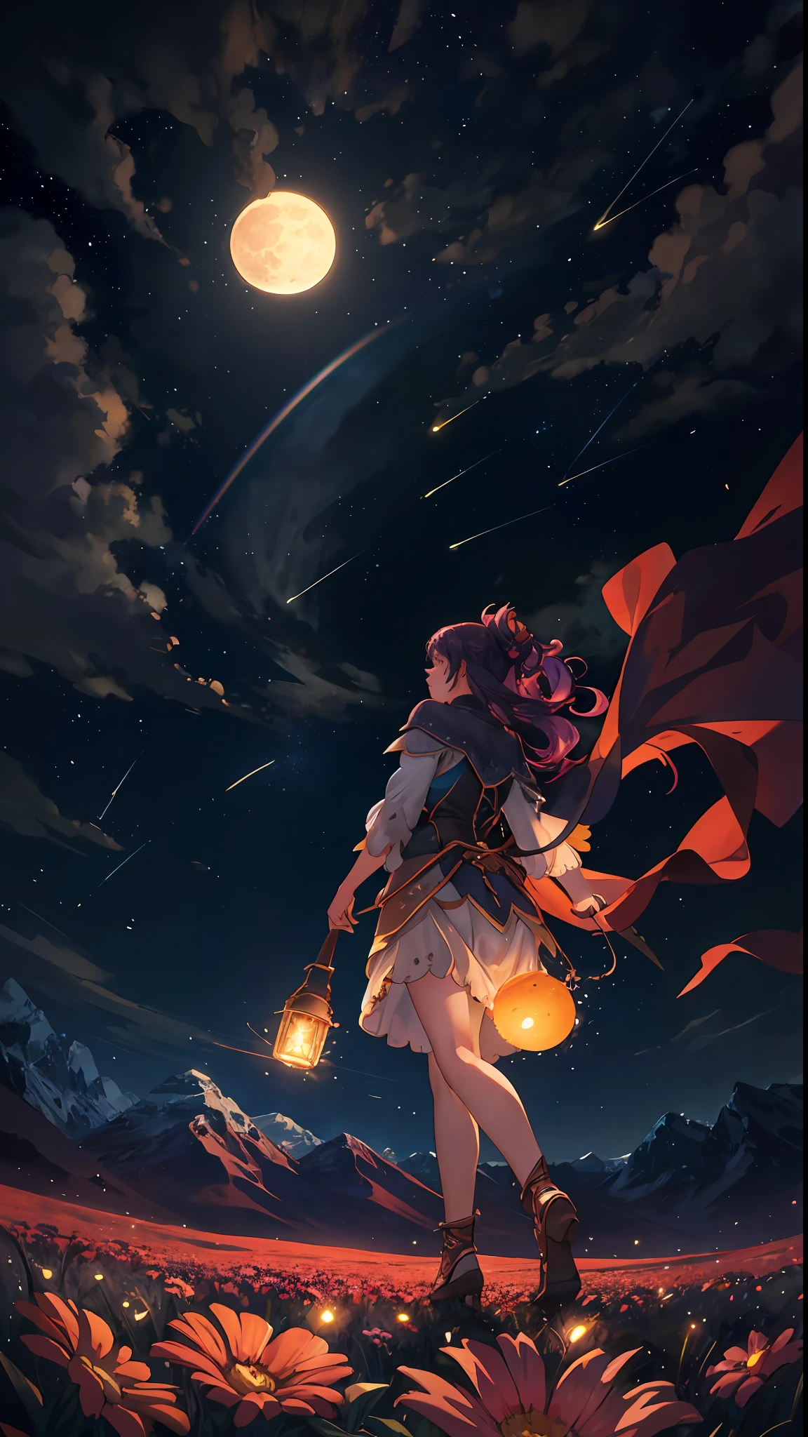 Vast landscape photo, (viewed from below, the sky is above and the open field is below), a girl standing on a flower field looking up, (full moon: 1.2), (meteor: 0.9), (nebula: 1.3), distant mountains , Trees BREAK Crafting Art, (Warm Light: 1.2), (Fireflies: 1.2), Lights, Lots of Purple and Orange, Intricate Details, Volumetric Lighting, Realism BREAK (Masterpiece: 1.2), (Best Quality), 4k, Ultra-Detailed, (Dynamic Composition: 1.4), Very Detailed, Colorful Details, (Rainbow Colors: 1.2), (Glow Lighting, Atmospheric Lighting), Dreamy, Magical, (Solo: 1.2)