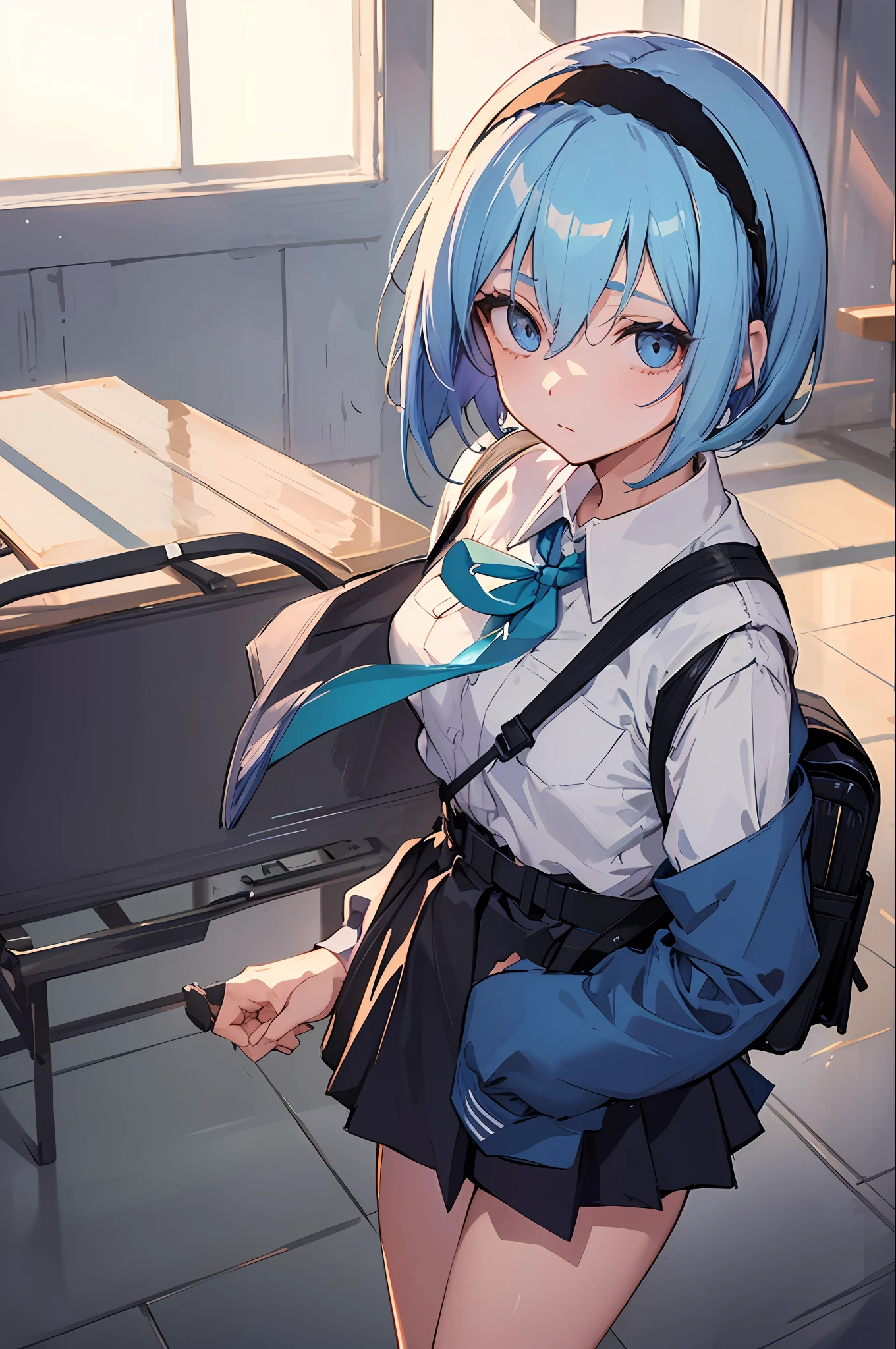 1 girl, uniform, in the classroom, girder belt, light blue hair, black hairband (inside the hair), ashime bob, short hair, walking, beautiful eyes, detailed fabric texture, holding a backpack, light eyes, side hair (long), five fingers, hair band (black), beautiful and detailed face