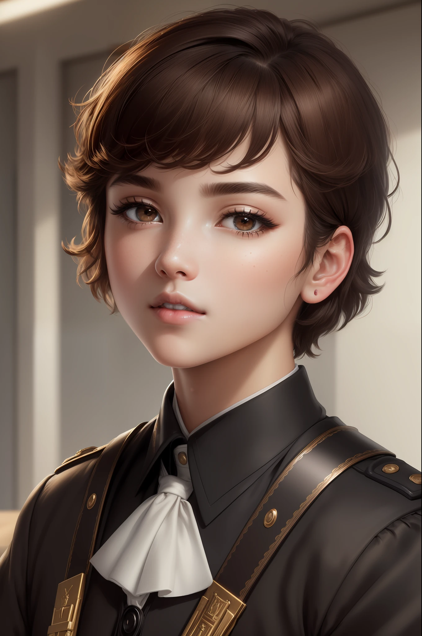 masterpiece, solo, highly detailed, ultra detailed, ultra high-resolution, (photorealistic: 1.333), (highest quality), (best shadow), detailed, perfect lighting, dark brown hair, short cut, big, uniform, man's attire, sarashi [facial freckles], (black eyes), smoky makeup, close-up, portrait, classroom,
