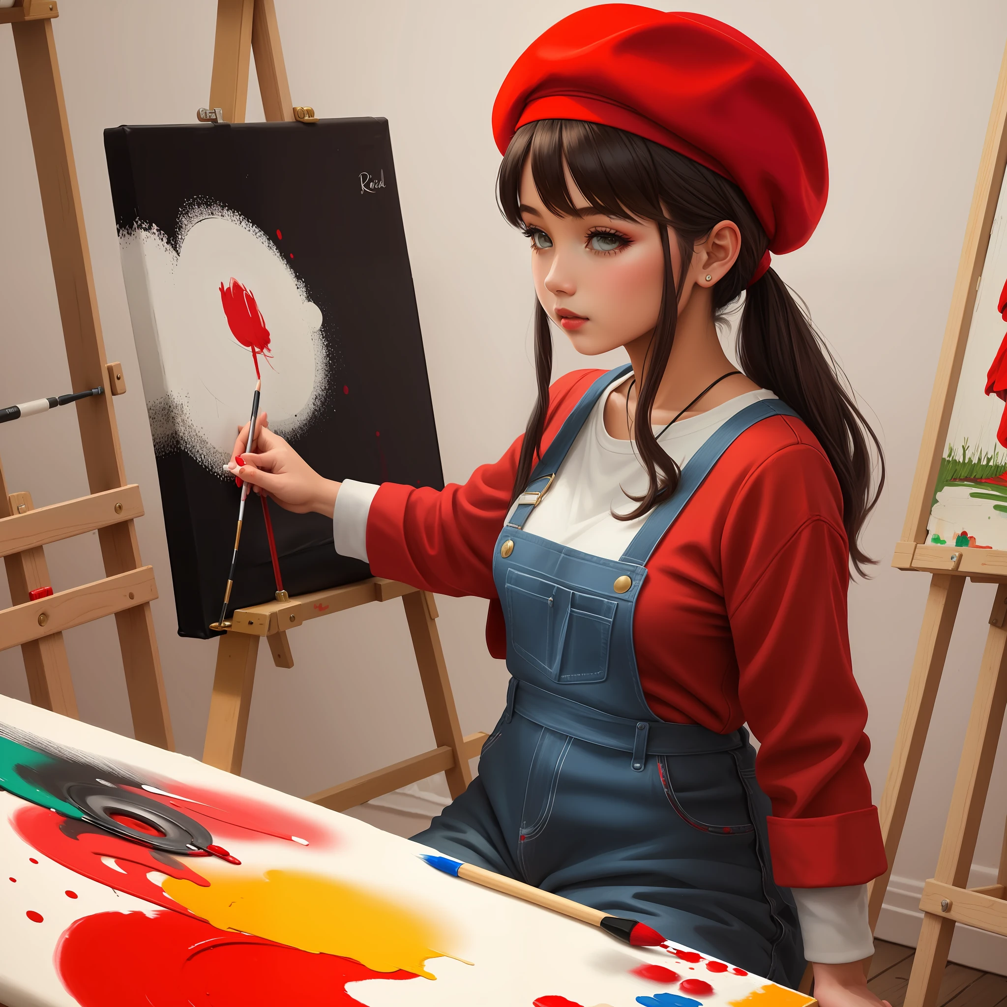 Girl designer in red beret painting a behaved canvas