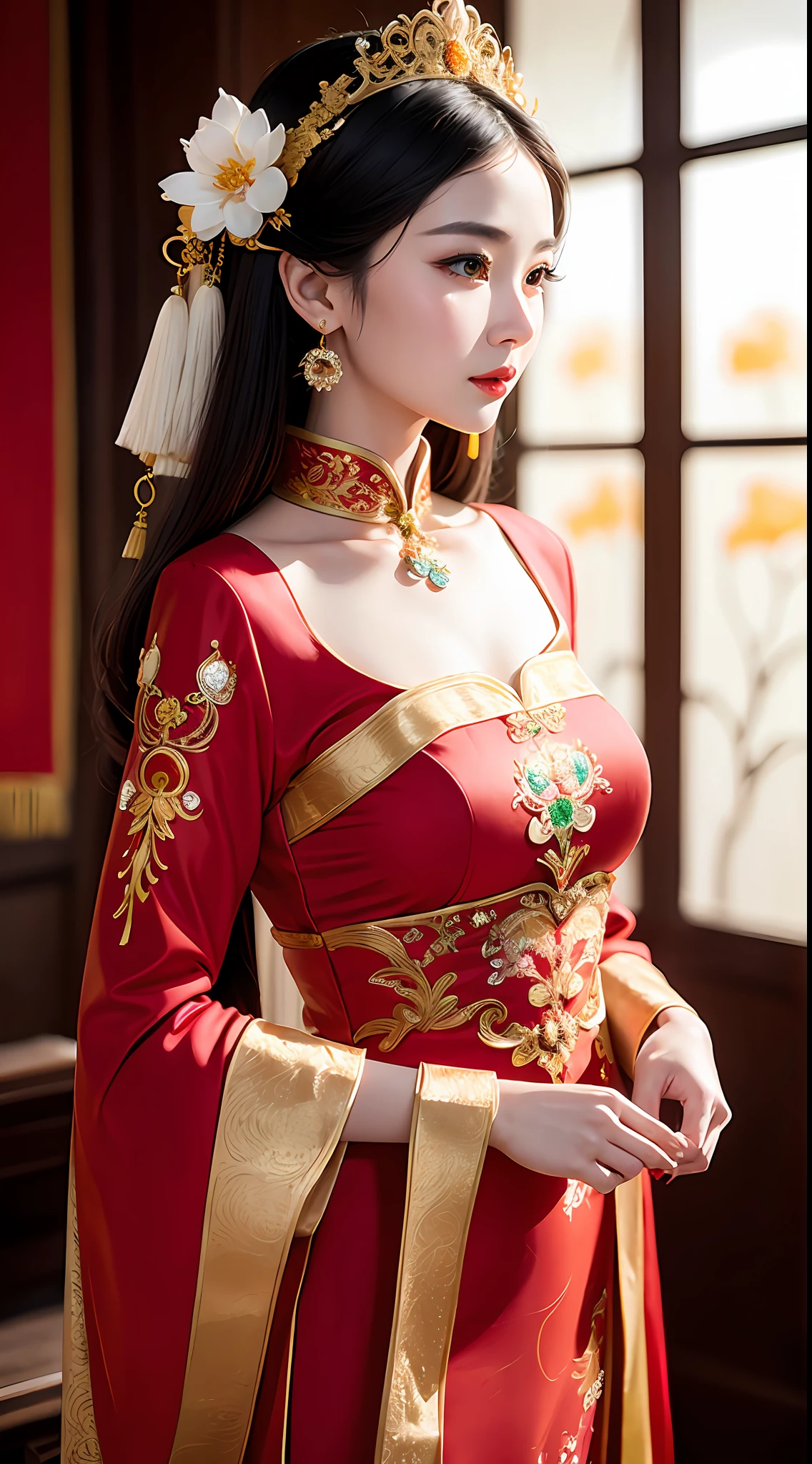 (8k, RAW Photo, Best Quality, Masterpiece: 1.2), (Realistic, Realistic: 1.37), 1 Girl, Aalfi Woman Posing for Photo in Red Dress and Headdress, Gorgeous Role Play, Beautiful Costume, Complex Fantasy Dress, Beautiful Fantasy Queen, Chinese Dress, Complex Dress, Complex Costume, Traditional Beauty, Gorgeous Chinese Model, Chinese Costume, Inspired by Lan Ying, Wearing Gorgeous Costume, Inspired by Puhua, wearing elegant Chinese Xiuhe dress, Chinese wedding dress, Phoenix crown Xia hand, antique bride, show dress, close-up, close-up