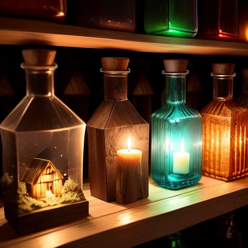 glass bottles standing in a row. Inside of the bottles are little houses. Fancy lights. Wood covers around the glass