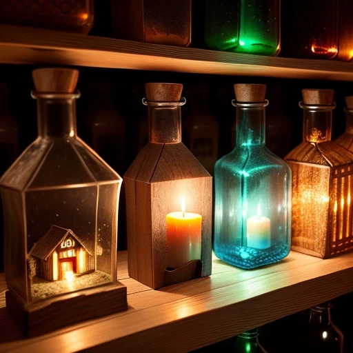 glass bottles standing in a row. Inside of the bottles are little houses. Fancy lights. Wood covers around the glass