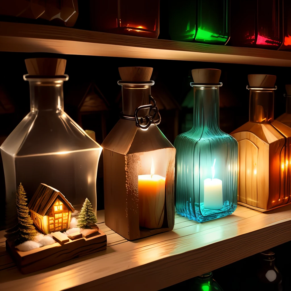 glass bottles standing in a row. Inside of the bottles are little houses. Fancy lights. Wood covers around the glass