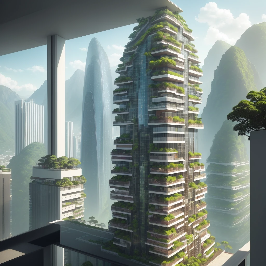 "Modern city adorned with tropical plants and a mountain range in the background, ultra detailed and realistic photo, with the best lighting and shade, wide depth of field, dynamic angle, showing the beauty and harmony of the city. (urban landscape, many modern buildings + lush rainforest, wide diversity of plant species), displaying all the details and textures of modern buildings and plants, promoting a unique contrast between the natural setting and the urban environment. #cidade #urbano #paisagemurbana #plantastropicais #realismo #ultradetalhado #fotofessinal #serra #detalhes #textura #contraste."