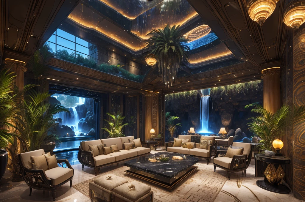 incredible luxurious futuristic living room interior in Ancient Egyptian style with many ((lush plants)) (lotus flowers), ((palm trees)), rocky walls, (sand), ((waterfalls)) (marble), ((precious minerals)), ((metals)), (gemstones), crystals, clouds and ((water)), ((luxury furniture made out of gemstones)), crocodiles, (hieroglyphics), (((ultra luxury))), (black marble) – with ((beautiful lights)), Unreal Engine, HQ, 16k