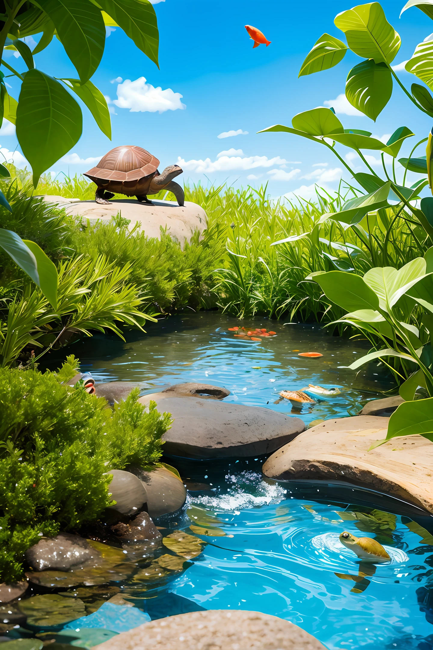 the little turtle with big dream, he lives in the pond with fish and frog , ??? story.