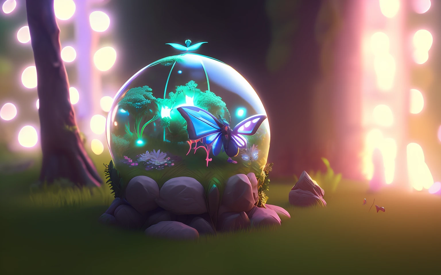 glowing butterfly sitting in a transparent neon sphere on an anthill, detailed, around grass and earth, statue, 8K, ultra details, photorealistic, Fujifilm X-T3, 1/60 sec at f/5.6 ISO 160, 18-55mm at 35mm in 3D, (best quality: 1.3), (masterpiece: 1.3), (illustration: 1.3), (super detail: 1.3), (IMID picture: 0.9), super detailed color low-poly graphics, mobile art games, glowing lights! stylized 3D rendering, cute forest creature