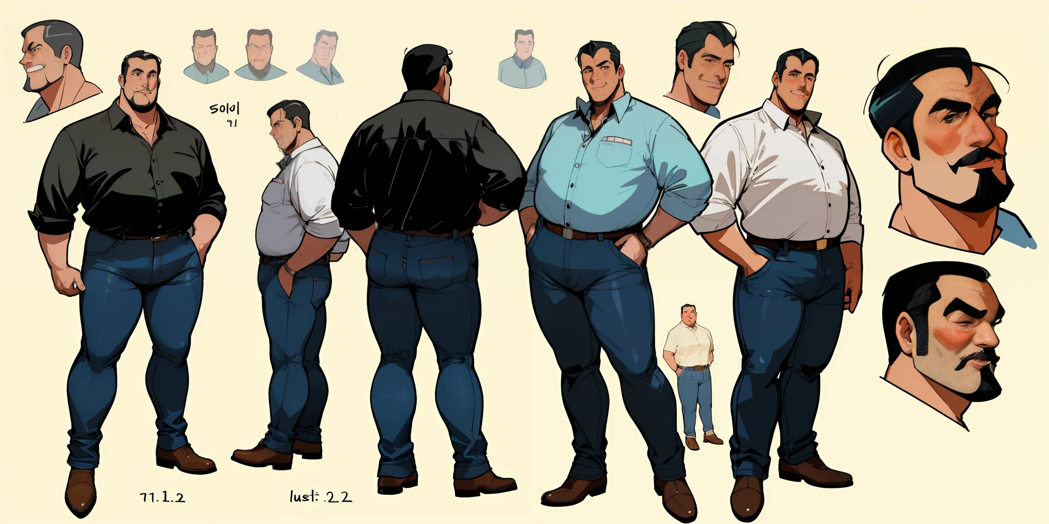 BEST QUALITY, 1 ADULT MAN, character sheet, concept art, (full body, masterpiece: 1.2), (best quality: 1.3), 1 OVERWEIGHT MATURE MAN FROM THE 50S, ANTIQUE JEANS WEARING A SIMLES BUTTON-DOWN SHIRT, insecure pose, with black hair, standing --SEED DUKE