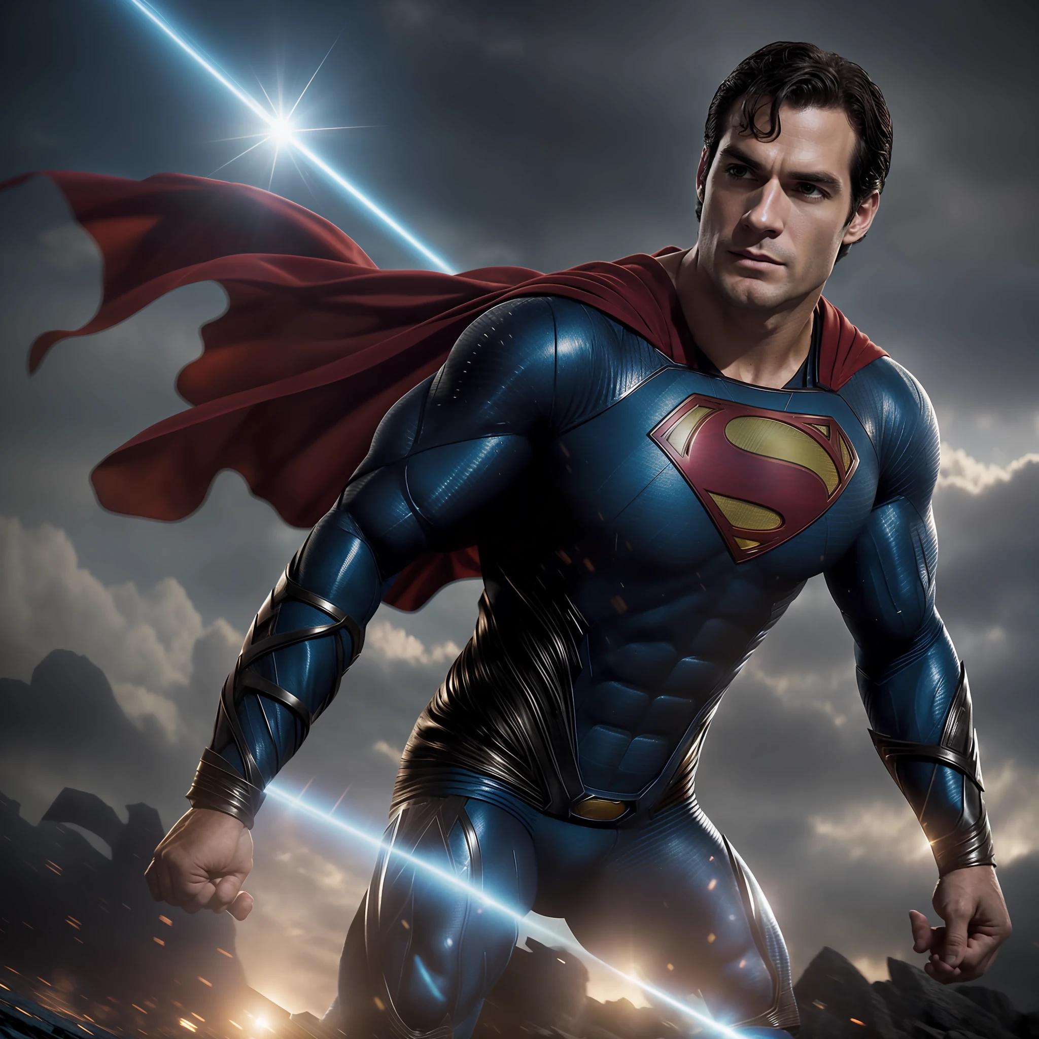 superman in a scene from the movie man of steel, superman, superman pose, fan art, textless, herry cavill, henry cavill as batman, by Zack Snyder, official art, henry cavill!!!, japanese dc live-action movie, henry cavill, cg art, john park, dwayne johnson as superman, movie still 8 k, portrait of henry cavill