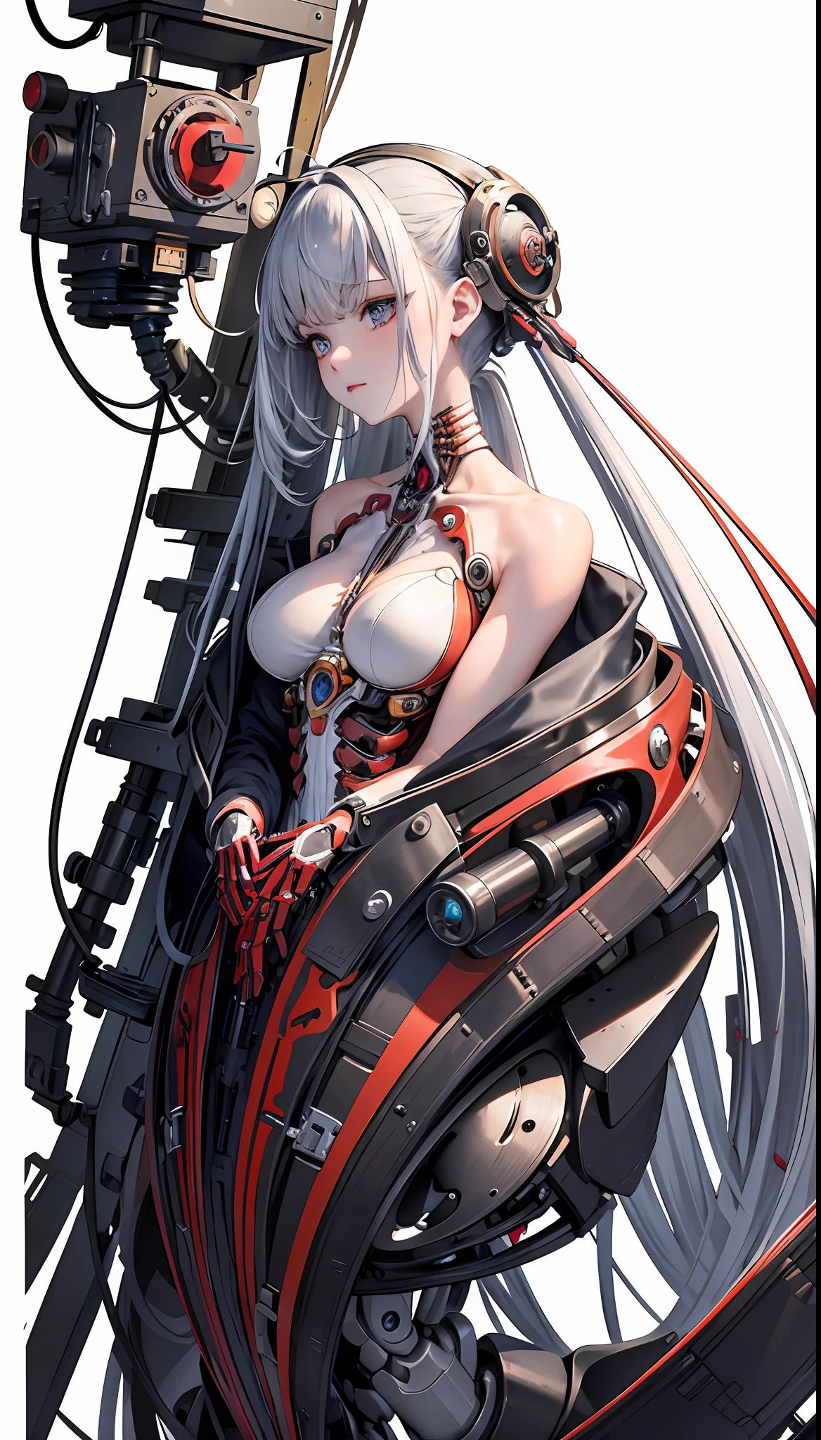 (Masterpiece, Top Quality, Best Quality, Official Art, Beautiful Indulgence: 1.2), (1 Girl: 1.3), Very Detailed, Colorful, Supreme Detail ((Ultra Detailed)), (Highly Detailed CG Illustration), (Very Delicate and Beautiful)), (From the Side), Cinematic Light, (1 Machine Girl)), Solo, Full Body, (Mechanical Joints: 1.2), ((Mechanical limbs)), (Blood vessels connected to tubes), ( Mechanical vertebrae attached to the back), ((mechanical cervical vertebrae attached to the neck)), expressionless, (wires and cables attached to the neck: 1.2), (head wires and cables: 1.2) (character focus), (lower body integrated with mechanical devices), science fiction, white background, (blood: 1.5), cruelty, absurdity, erotic rotesque, fusion with machines, mechanical skeleton, bloodstain