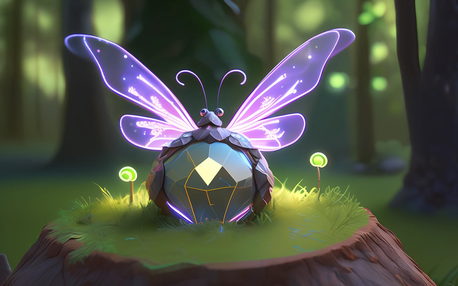 glowing butterfly sitting in a transparent neon sphere on an anthill, detailed, around grass and earth, statue, 8K, ultra details, photorealistic, Fujifilm X-T3, 1/60 sec at f/5.6 ISO 160, 18-55mm at 35mm in 3D, (best quality: 1.3), (masterpiece: 1.3), (illustration: 1.3), (super detail: 1.3), (IMID picture: 0.9), super detailed color low-poly graphics, mobile art games, glowing lights! stylized 3D rendering, cute forest creature