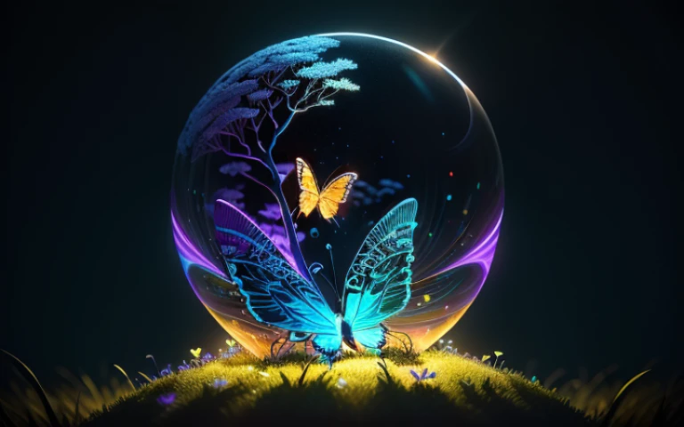 glowing butterfly sitting in a transparent neon sphere on an anthill, detailed, around grass and earth, statue, 8K, ultra details, photorealistic, Fujifilm X-T3, 1/60 sec at f/5.6 ISO 160, 18-55mm at 35mm in 3D, (best quality: 1.3), (masterpiece: 1.3), (illustration: 1.3), (super detail: 1.3), (IMID picture: 0.9), super detailed color low-poly graphics, mobile art games, glowing lights! stylized 3D rendering, cute forest creature