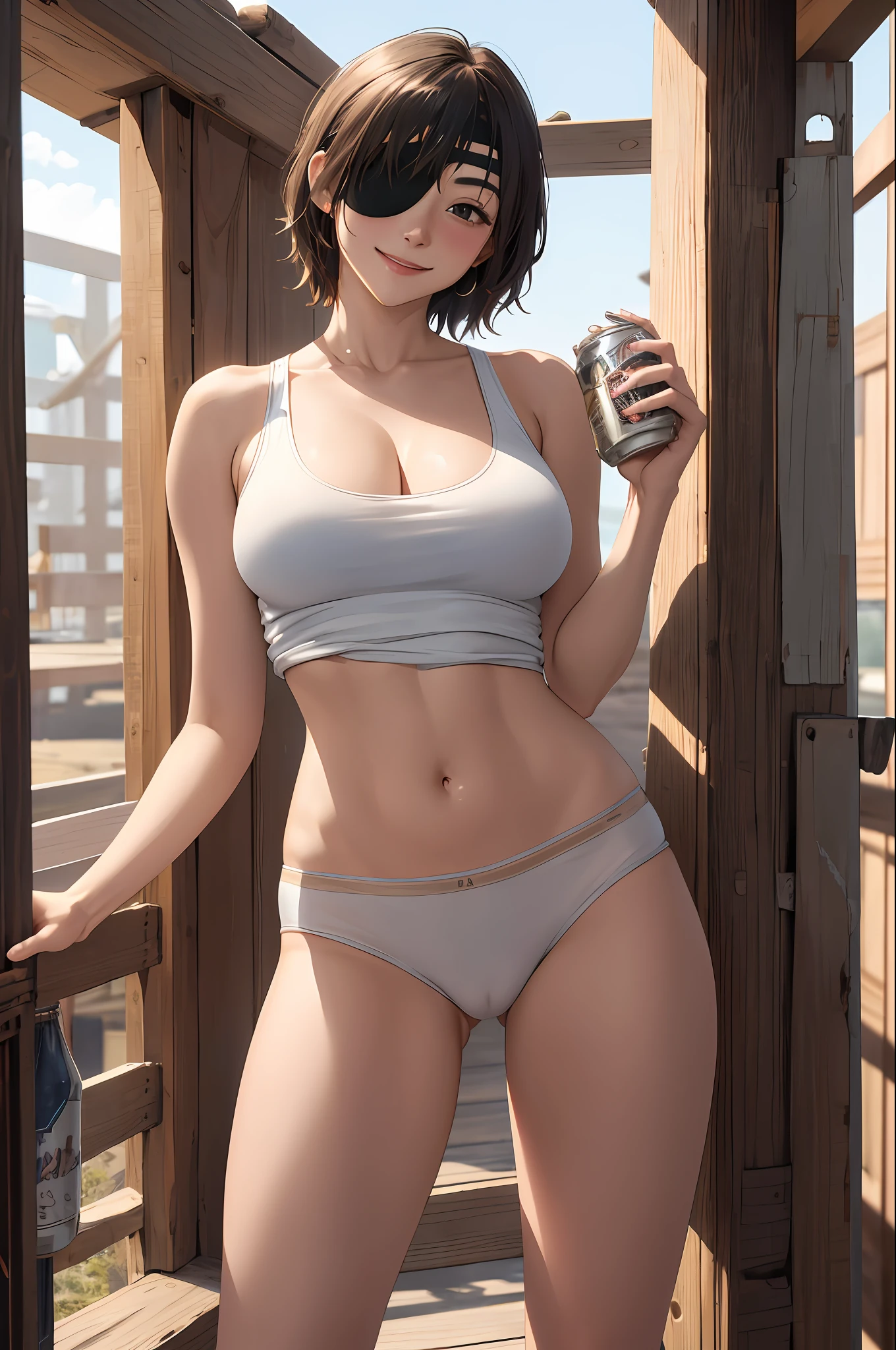 masterpiece, best quality, highres, hmn1, eye patch, huge breasts, white_tank_top, underwear, panties, midriff cowboy shot, underwear, smile, standing,with a can of beer in hand,(cameltoe)