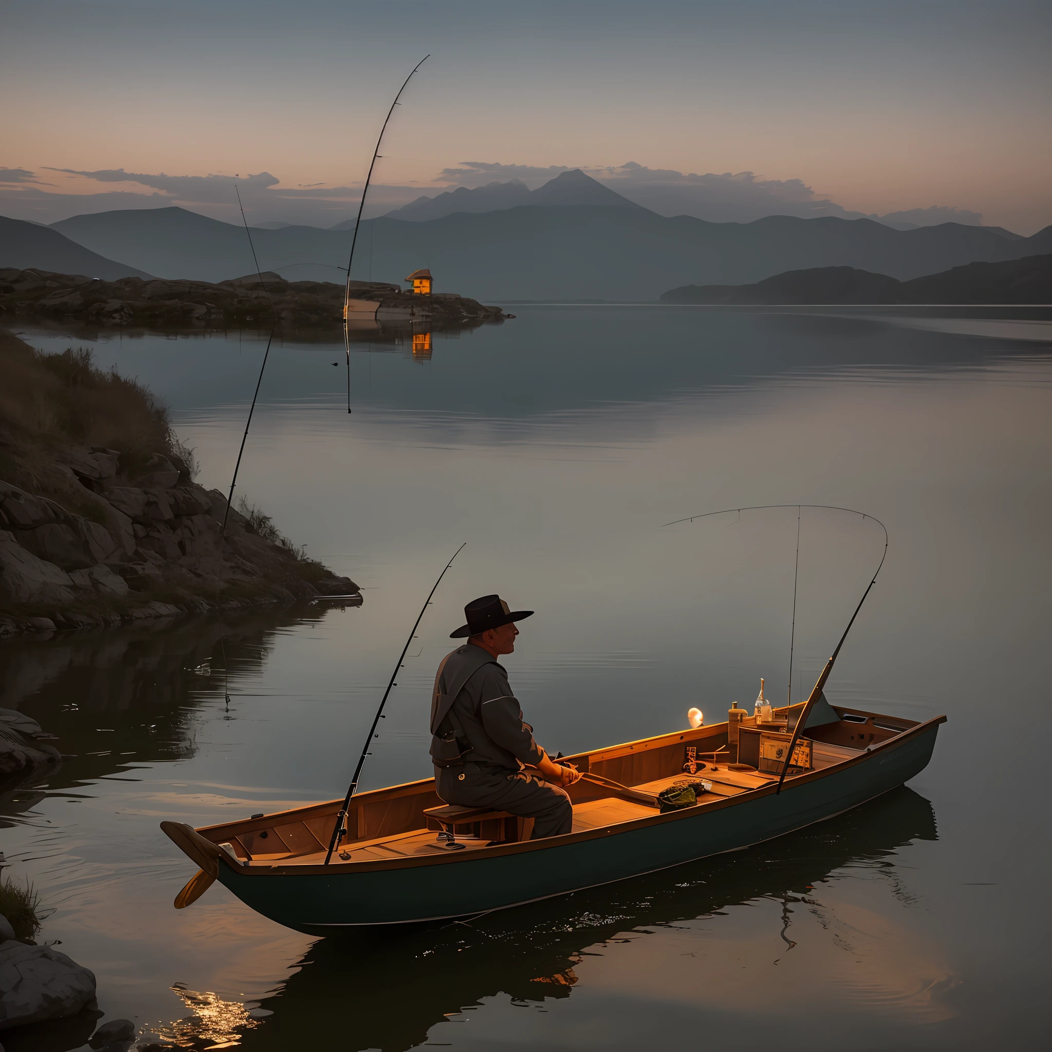 there is a man sitting in a boat with a fishing rod, fisherman, by Dietmar Damerau, by Edwin Georgi, by Etienne Delessert, alexey egorov, by Matthias Weischer, by Koloman Sokol, by John La Gatta, by Artur Tarnowski, fishing, by Bernard Meninsky, by Richard Carline