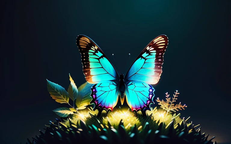 glowing butterfly sitting in a transparent neon sphere on an anthill, detailed, around grass and earth, statue, 8K, ultra details, photorealistic, Fujifilm X-T3, 1/60 sec at f/5.6 ISO 160, 18-55mm at 35mm in 3D, (best quality: 1.3), (masterpiece: 1.3), (illustration: 1.3), (super detail: 1.3), (IMID picture: 0.9), super detailed color low-poly graphics, mobile art games, glowing lights! stylized 3D rendering, cute forest creature