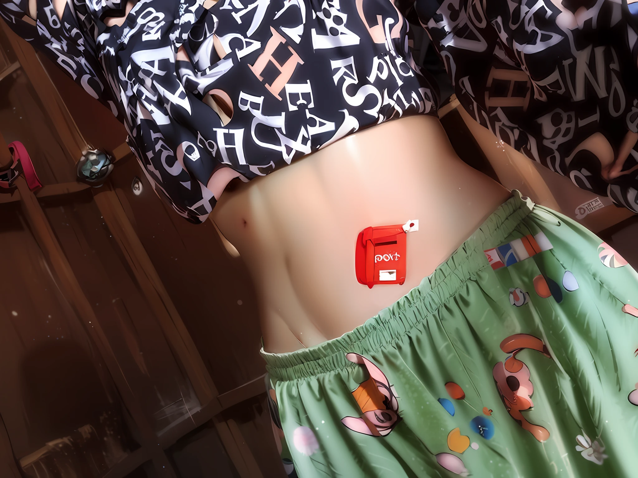 there is a woman with a red phone on her stomach, belly button showing, her belly button is exposed, pierced navel, waist - shot, tinyest midriff ever, [ rigidly defined abs ]!!, belly exposed, smallest waistline ever, physical : tinyest midriff ever, exposed midriff, with abs