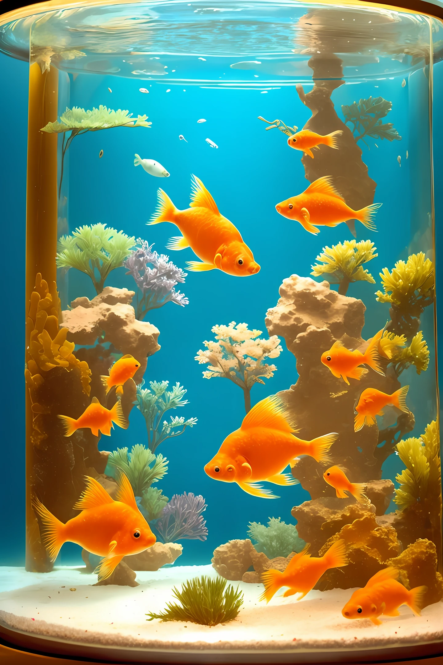 gold fish swimming in a glass water tank which has Atlantis as an small structure in it