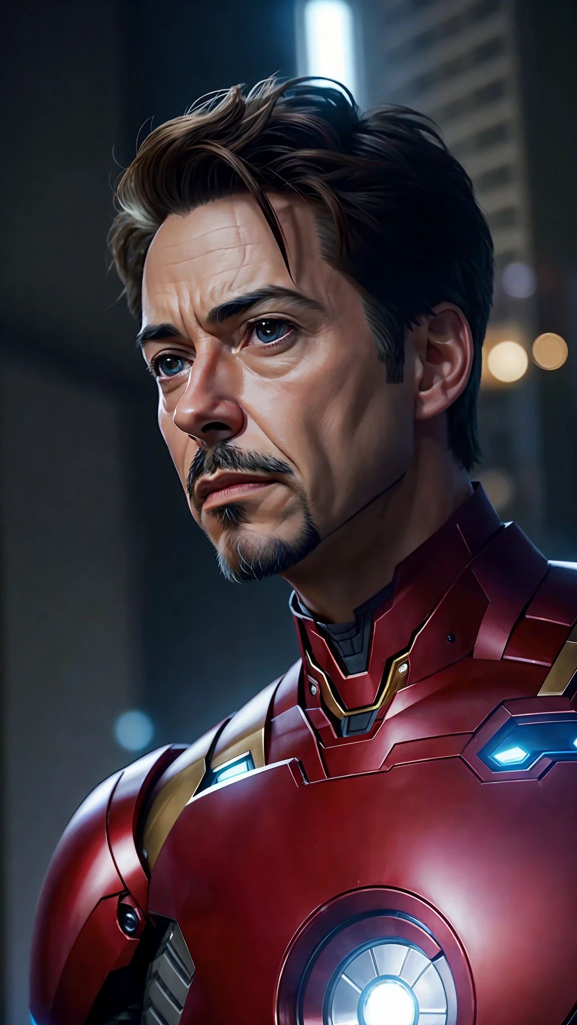 a close up of a man in a suit with a light on, tony stark, medium close - up ( mcu ), portrait of iron man, iron man, like ironman, Robert Downing Jr as tony stark, tony sart highly detailed, concept art of tony stark, ironman, movie still 8 k, hot toys, superior iron man, tom cruise as tony stark, fan art