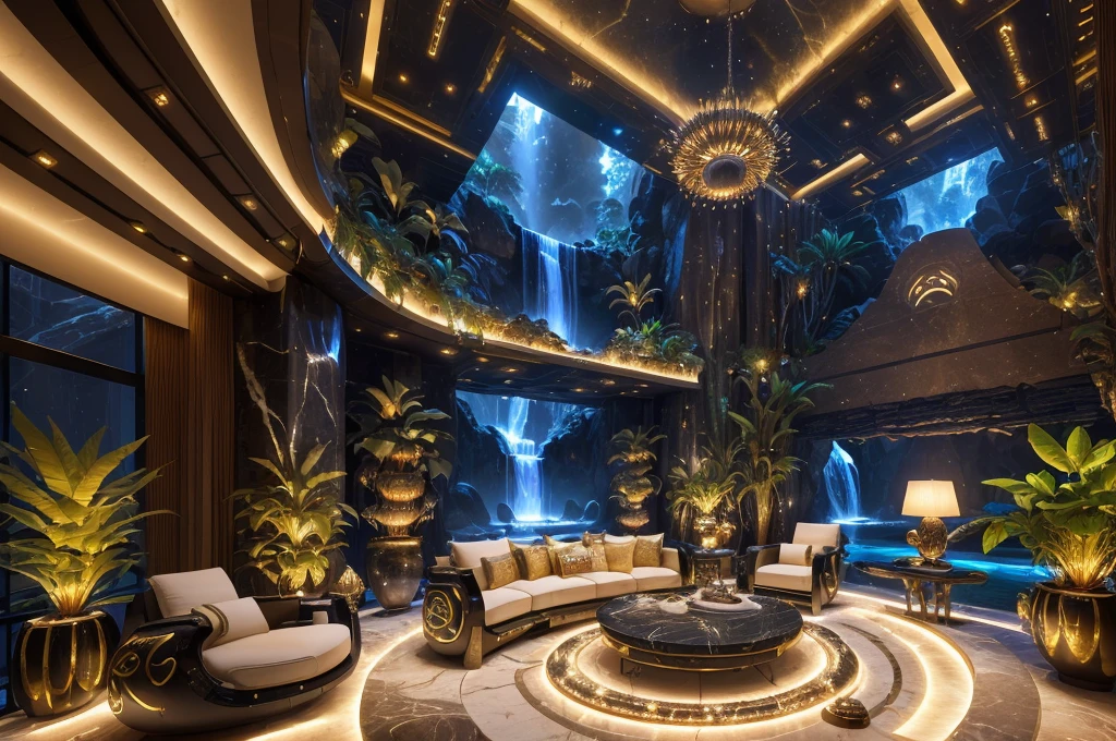 incredible luxurious futuristic living room interior in Ancient Egyptian style with many ((lush plants)) (lotus flowers), ((palm trees)), rocky walls, (sand), ((waterfalls)) (marble), ((precious minerals)), ((metals)), (gemstones), crystals, clouds and ((water)), (curvy luxury furniture), crocodiles, (hieroglyphics), (((ultra luxury))), (black marble) – with ((beautiful lights)), Unreal Engine, HQ, 16k