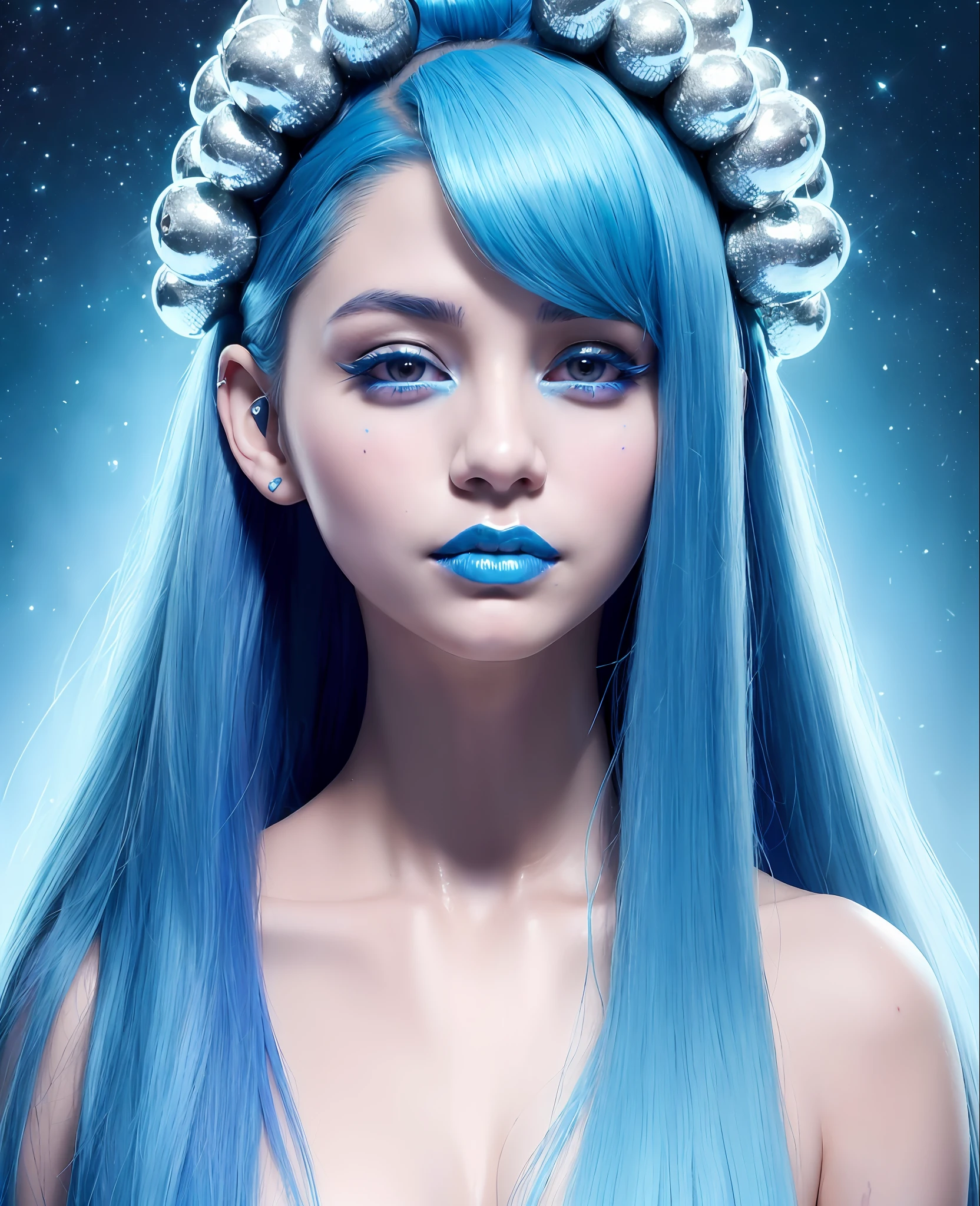 1girl,photo of ariana standing in a river of skulls, (blue hair:1.5) and (straight:1.5) hair, best quality,(detailed face:1.4), (looking at viewer:1.4), shiny skin, smile ,low angle,