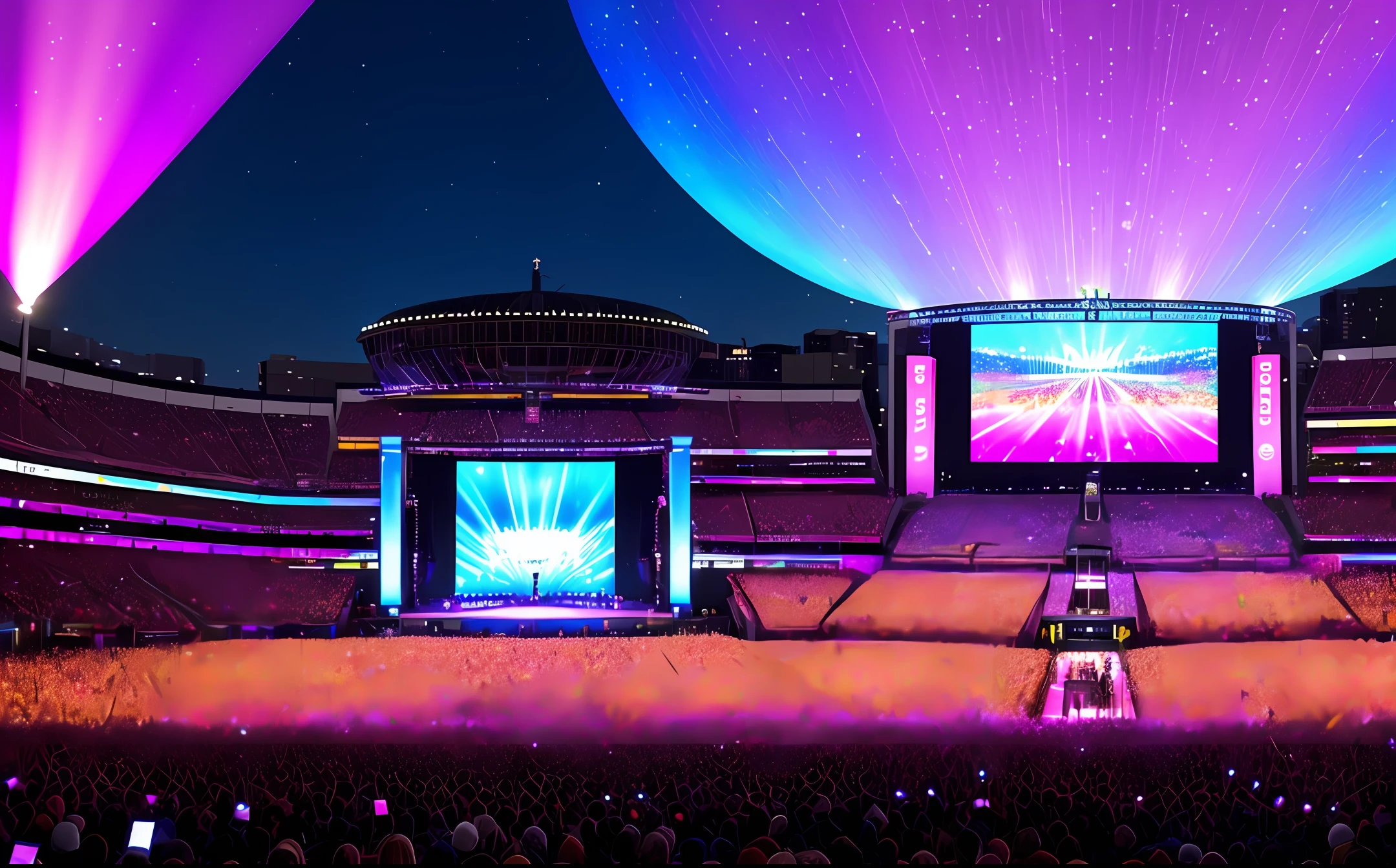 Create a band, highlighting the musicians, playing on a futuristic super stage with a big screen with images of colorful rays, at night, with the full moon standing out on high, a huge audience energizing the show highlighting vibrating energies of the audience