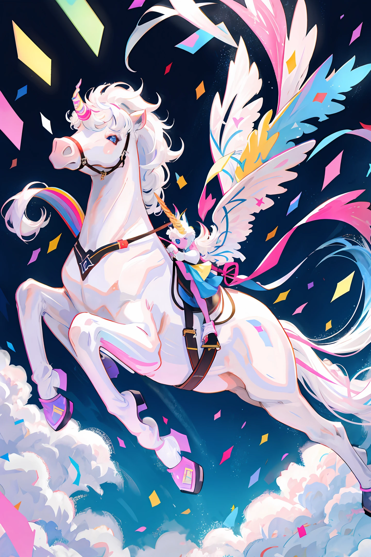 White unicorn horse, pink horn rainbow coloured tail, confetti falling on it