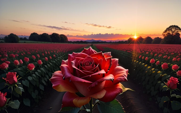 Super detailed single rose grown in front of an field in the background. Sunset and some bees