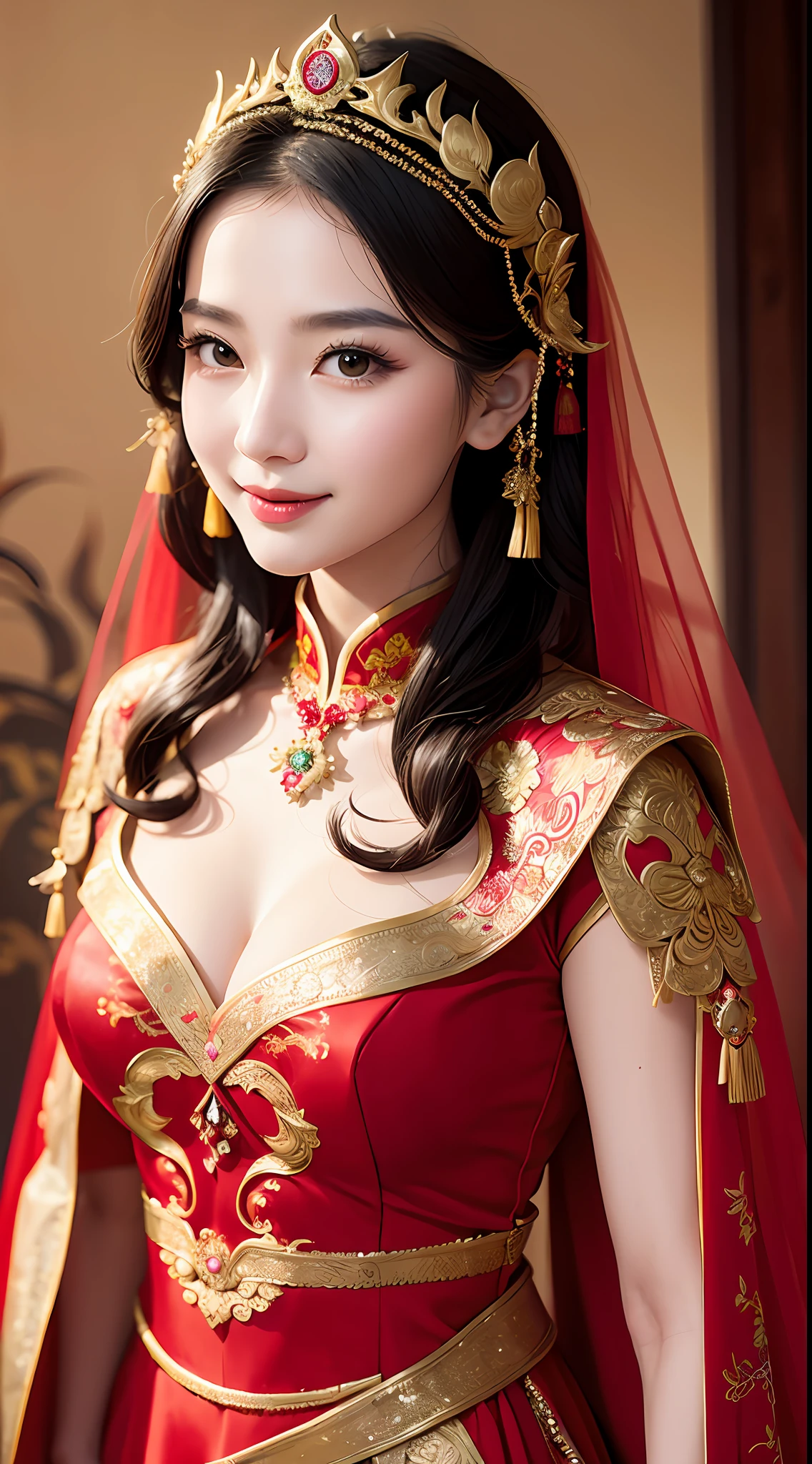 (8k, RAW Photo, Best Quality, Masterpiece: 1.2), (Realistic, Realistic: 1.37), 1 Girl, Aalfi Woman Posing for Photo in Red Dress and Headdress, Gorgeous Role Play, Beautiful Costume, Complex Fantasy Dress, Beautiful Fantasy Queen, Chinese Dress, Complex Dress, Complex Costume, Traditional Beauty, Gorgeous Chinese Model, Chinese Costume, Inspired by Lan Ying, Wearing Gorgeous Costume, Inspired by Puhua, wearing elegant Chinese Xiuhe dress, Chinese wedding dress, Phoenix crown Xia hand, antique bride, show dress, close-up, close-up, smile