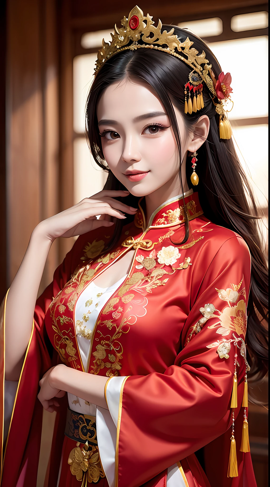 (8k, RAW Photo, Best Quality, Masterpiece: 1.2), (Realistic, Realistic: 1.37), 1 Girl, Aalfi Woman Posing for Photo in Red Dress and Headdress, Gorgeous Role Play, Beautiful Costume, Complex Fantasy Dress, Beautiful Fantasy Queen, Chinese Dress, Complex Dress, Complex Costume, Traditional Beauty, Gorgeous Chinese Model, Chinese Costume, Inspired by Lan Ying, Wearing Gorgeous Costume, Inspired by Puhua, wearing elegant Chinese Xiuhe dress, Chinese wedding dress, Phoenix crown Xia hand, antique bride, show dress, close-up, close-up, smile