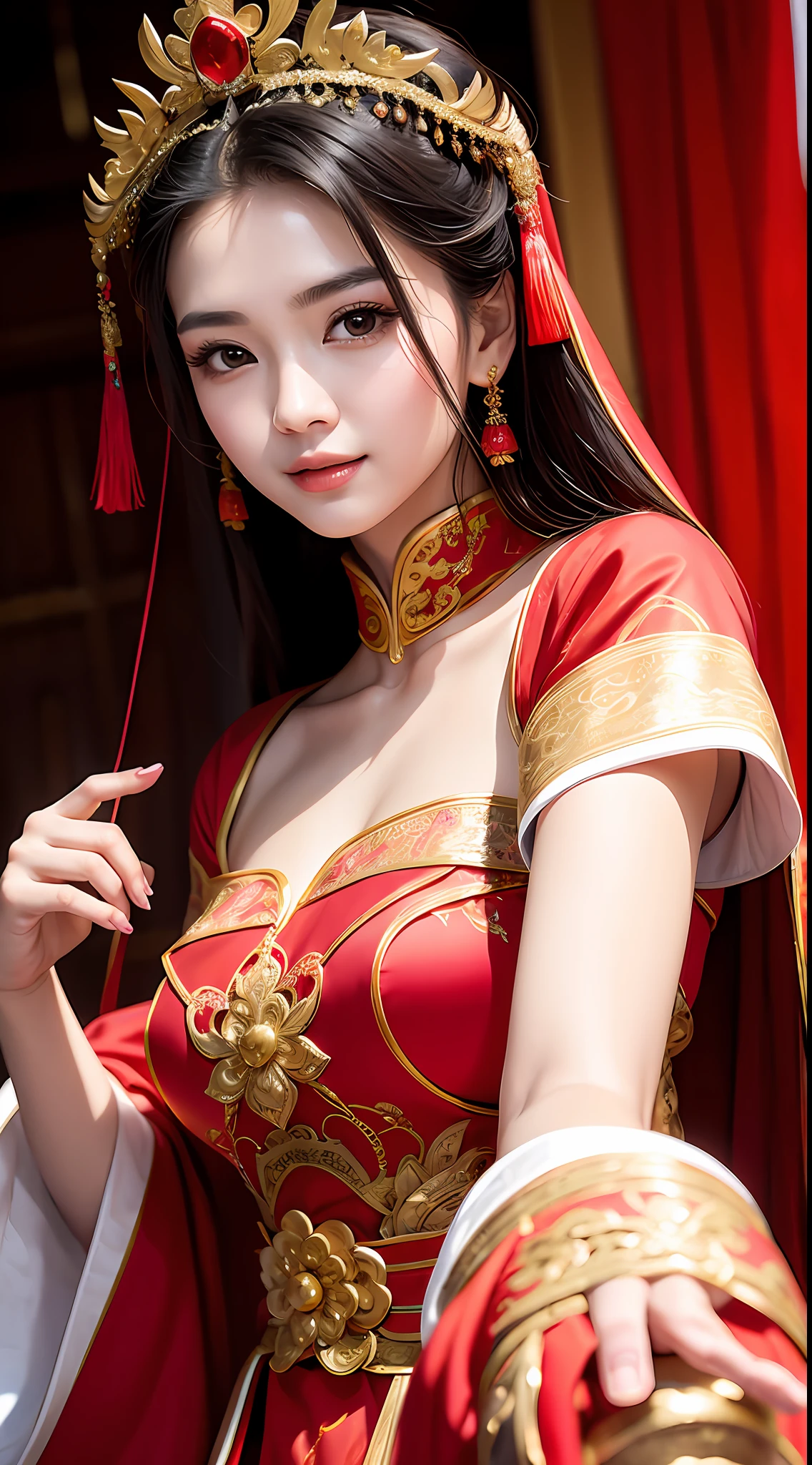 (8k, RAW Photo, Best Quality, Masterpiece: 1.2), (Realistic, Realistic: 1.37), 1 Girl, Aalfi Woman Posing for Photo in Red Dress and Headdress, Gorgeous Role Play, Beautiful Costume, Complex Fantasy Dress, Beautiful Fantasy Queen, Chinese Dress, Complex Dress, Complex Costume, Traditional Beauty, Gorgeous Chinese Model, Chinese Costume, Inspired by Lan Ying, Wearing Gorgeous Costume, Inspired by Puhua, wearing elegant Chinese Xiuhe dress, Chinese wedding dress, Phoenix crown Xia hand, antique bride, show dress, close-up, close-up, smile