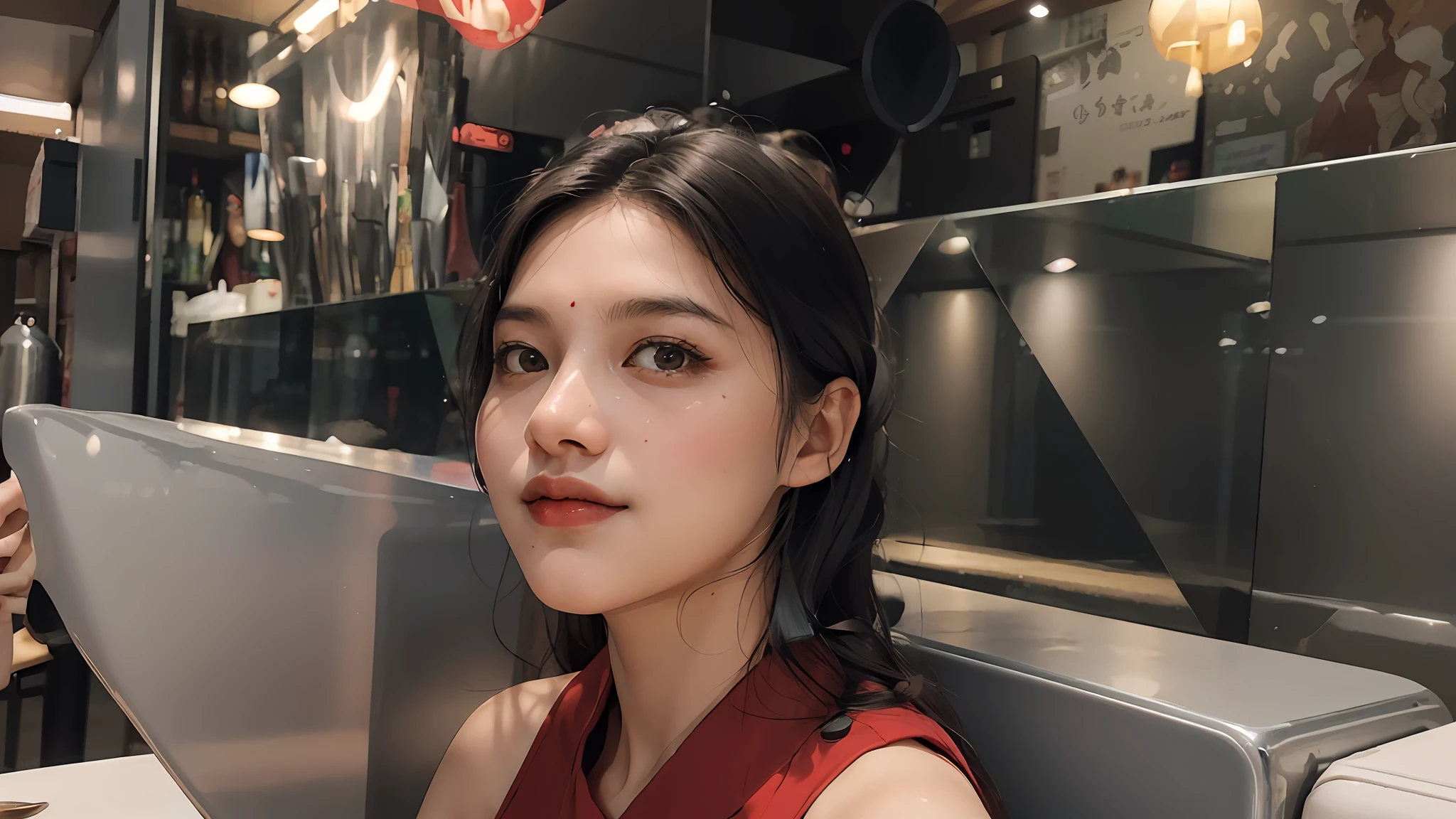 there is a woman sitting at a table with a plate of food, nivanh chanthara, selfie photo, portrait of modern darna, south east asian with round face, with accurate face, selfie of a young woman, 3 0 years old woman, 30 years old woman, with round face, 2 7 years old, headshot profile picture