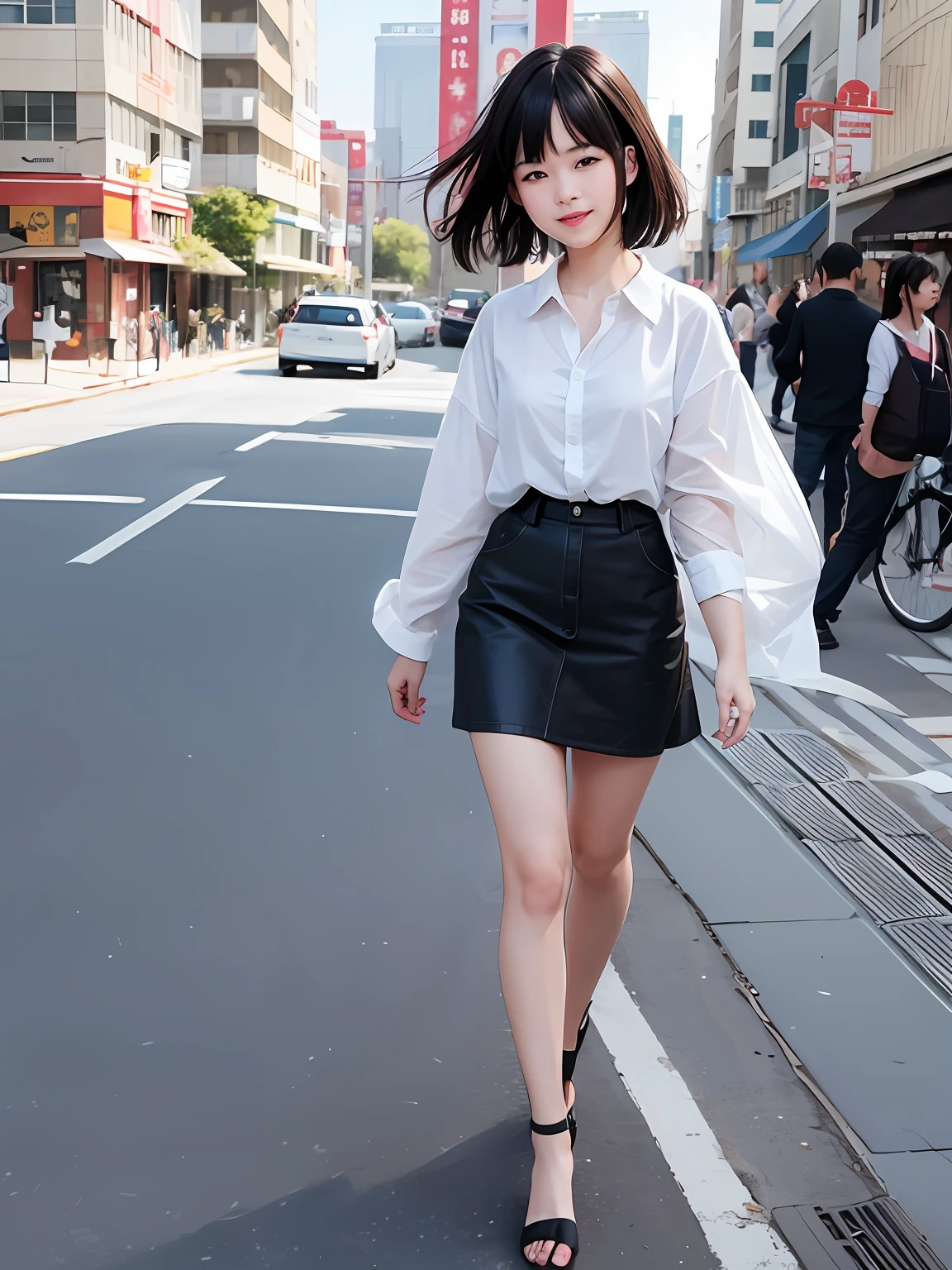 blackhair Chinese girl, smile, medium hair, extremely beautiful face, full-body shot, wearing a white shirt, sunny day, professional lighting, snap shot on street, 3/4 left view, windy, sharp focus, 8k, masterpiece, RAW photo, best quality:1.2,