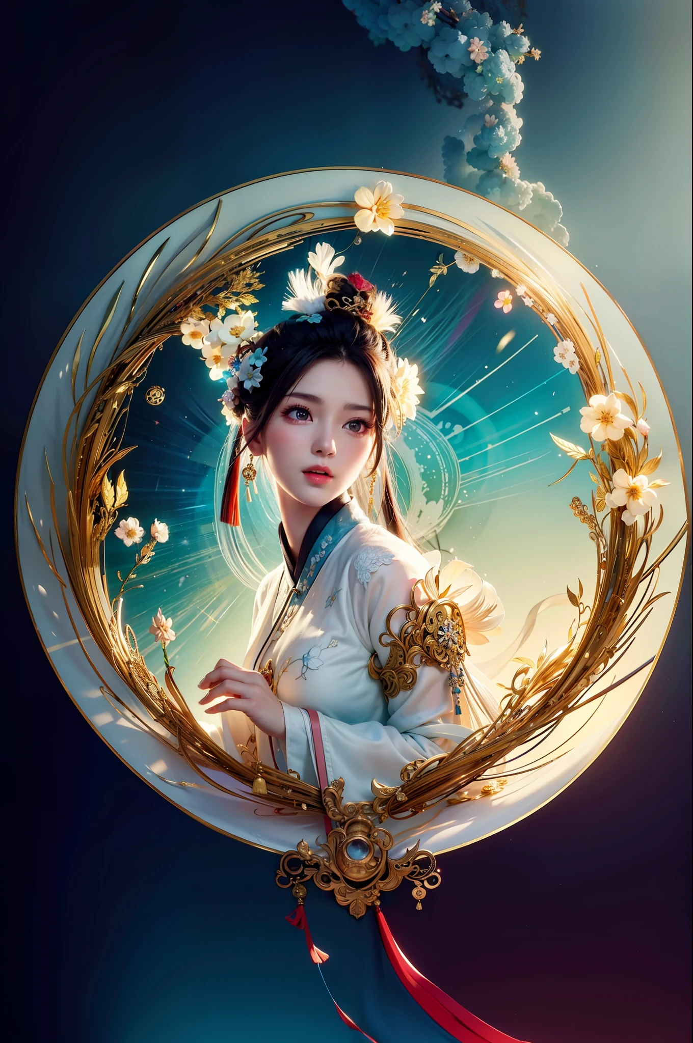 Zhong Fenghua, 1 girl, (full:1.5), solo, hanfu, flower field, blossom, (white smoke:1.3) (realistic:1.4), zen entanglement, mandala, entanglement, official art, Unity 8k wallpaper, super detailed, beautiful and beautiful, masterpiece, best quality, (dynamic angle: 1.4), glowing skin, (floating colorful flashes: 1) the most beautiful chaotic forms, elegant, brutalist design, bright colors, romantic depth of field,