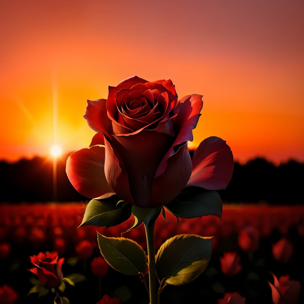Super detailed single rose in the front of blurred rose field. Sunset.
Bright light